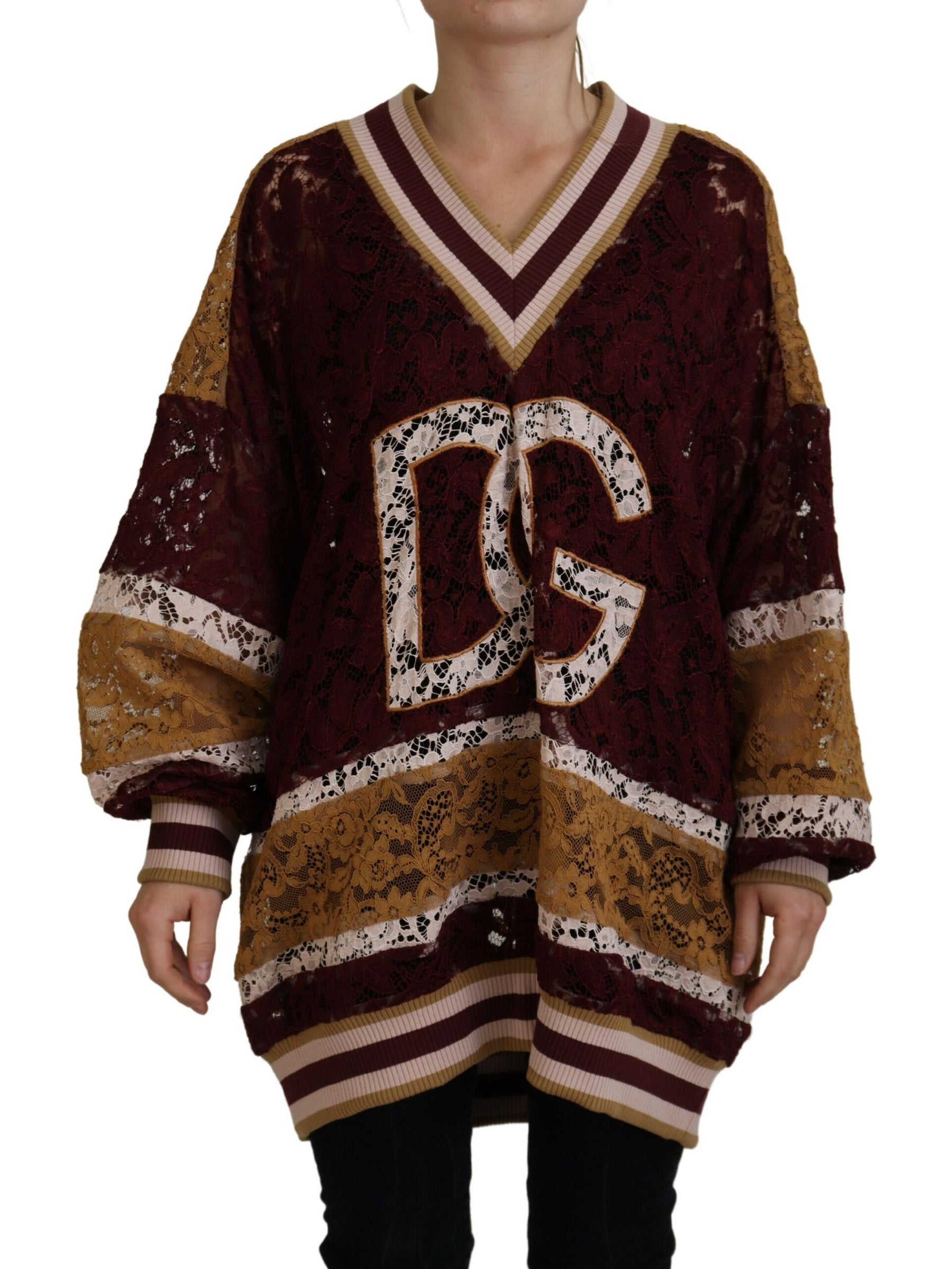 Dolce & Gabbana Multicolor Lace V-neck Pullover Sweater | Regal Royce