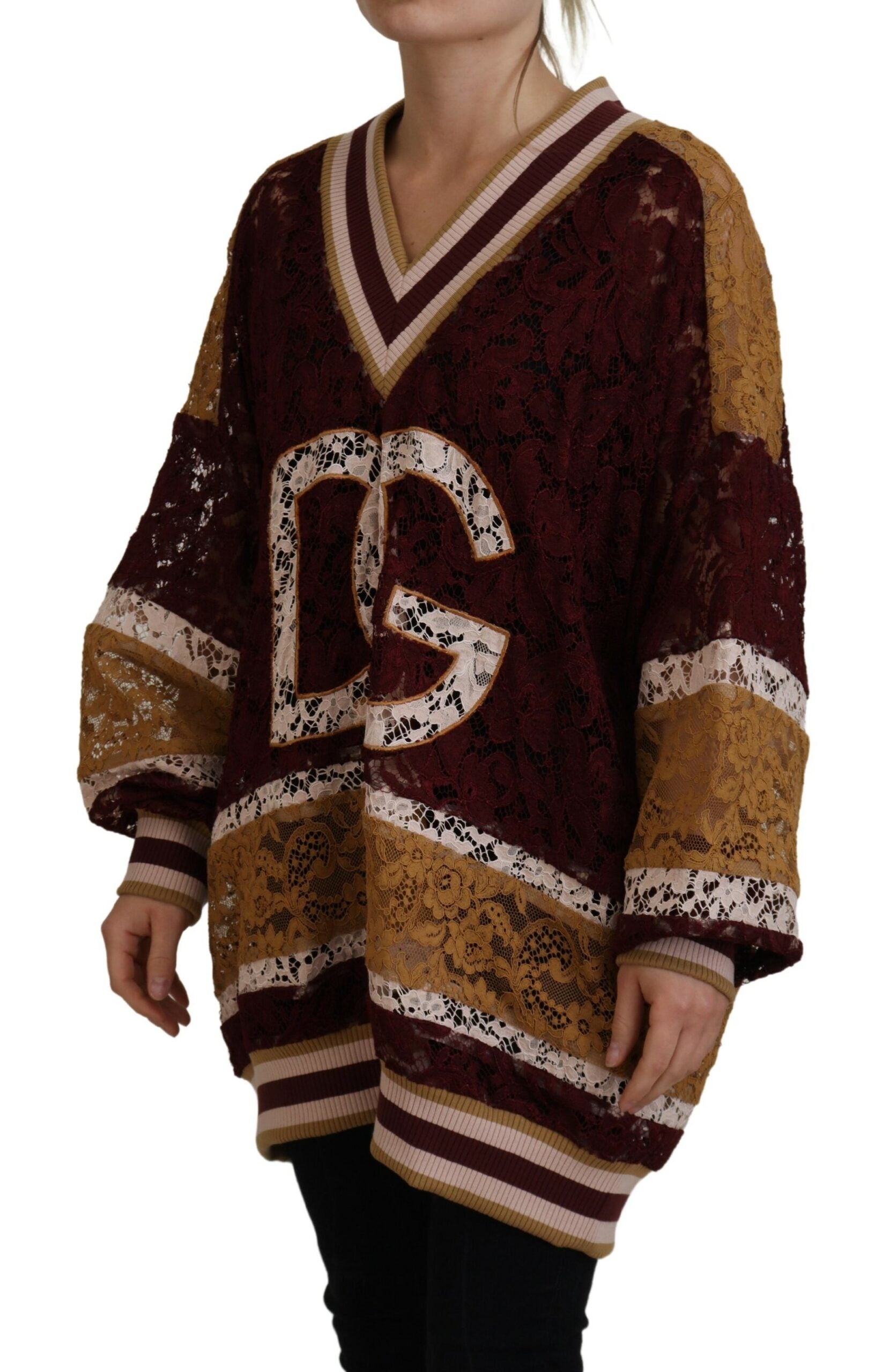 Dolce & Gabbana Multicolor Lace V-neck Pullover Sweater | Regal Royce