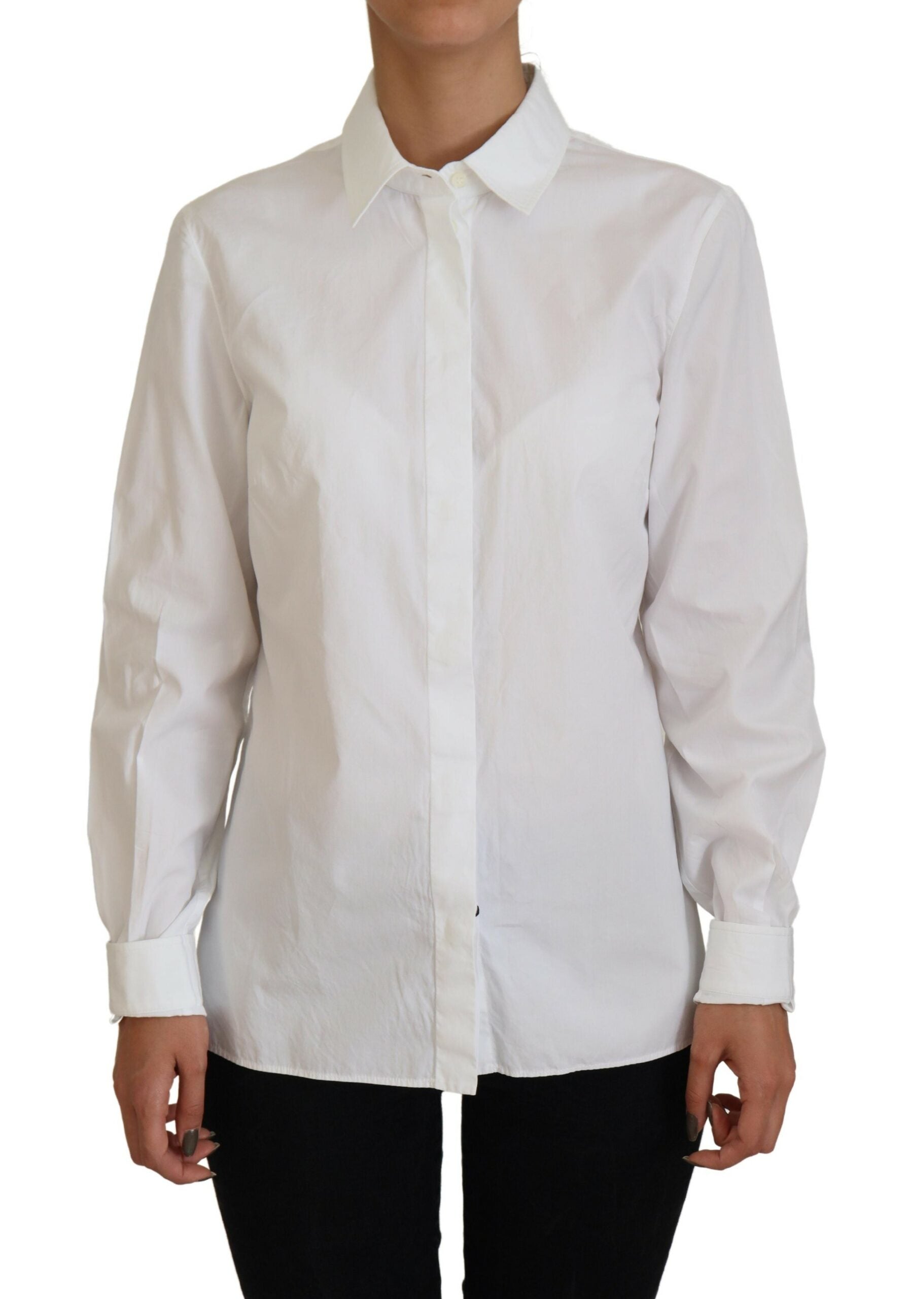 Dolce & Gabbana White Cotton Collared Long Sleeves Formal Top | Regal Royce