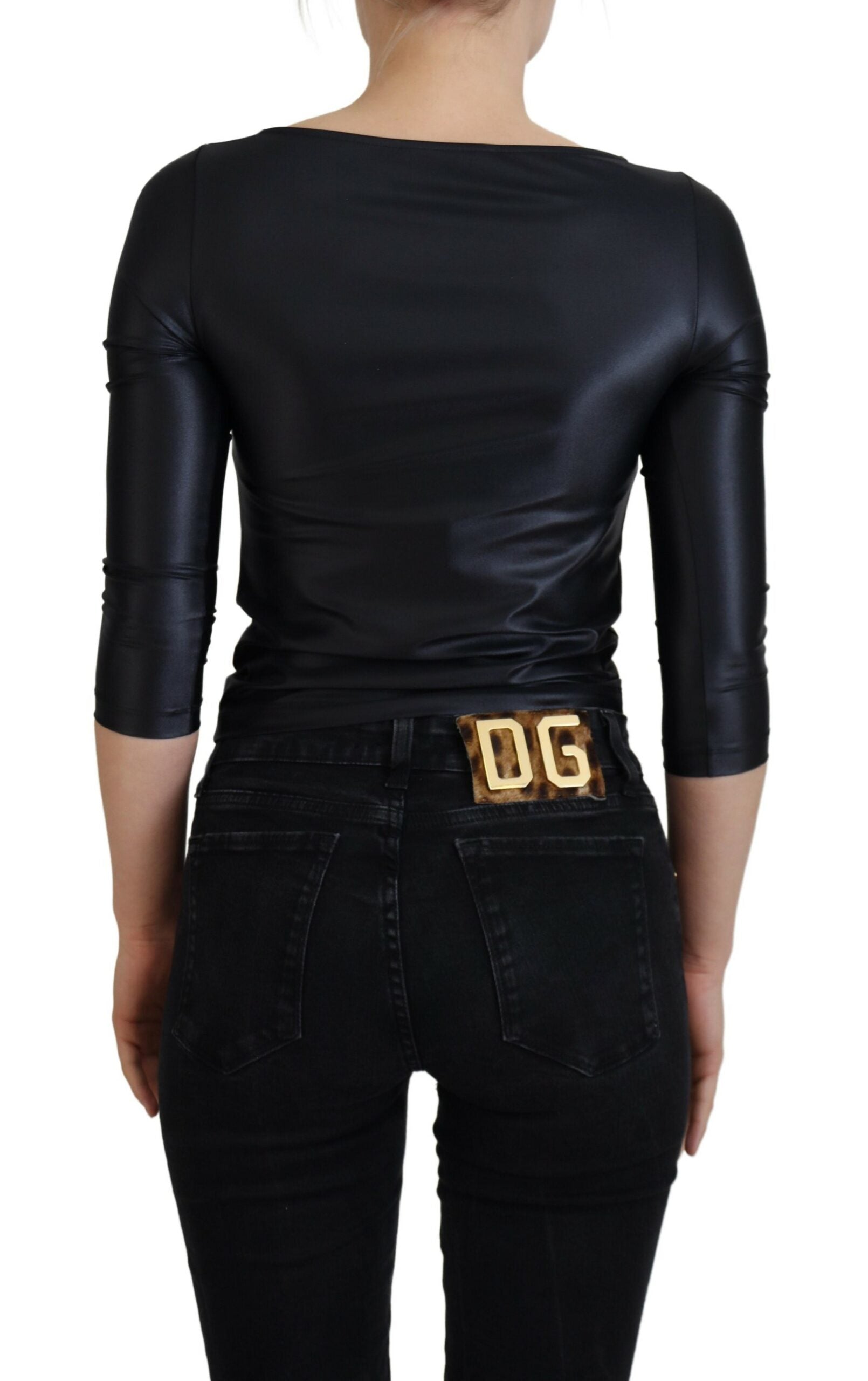 Dolce & Gabbana Black Cotton Stretch Open Chest 3/4 Sleeve Top | Regal Royce