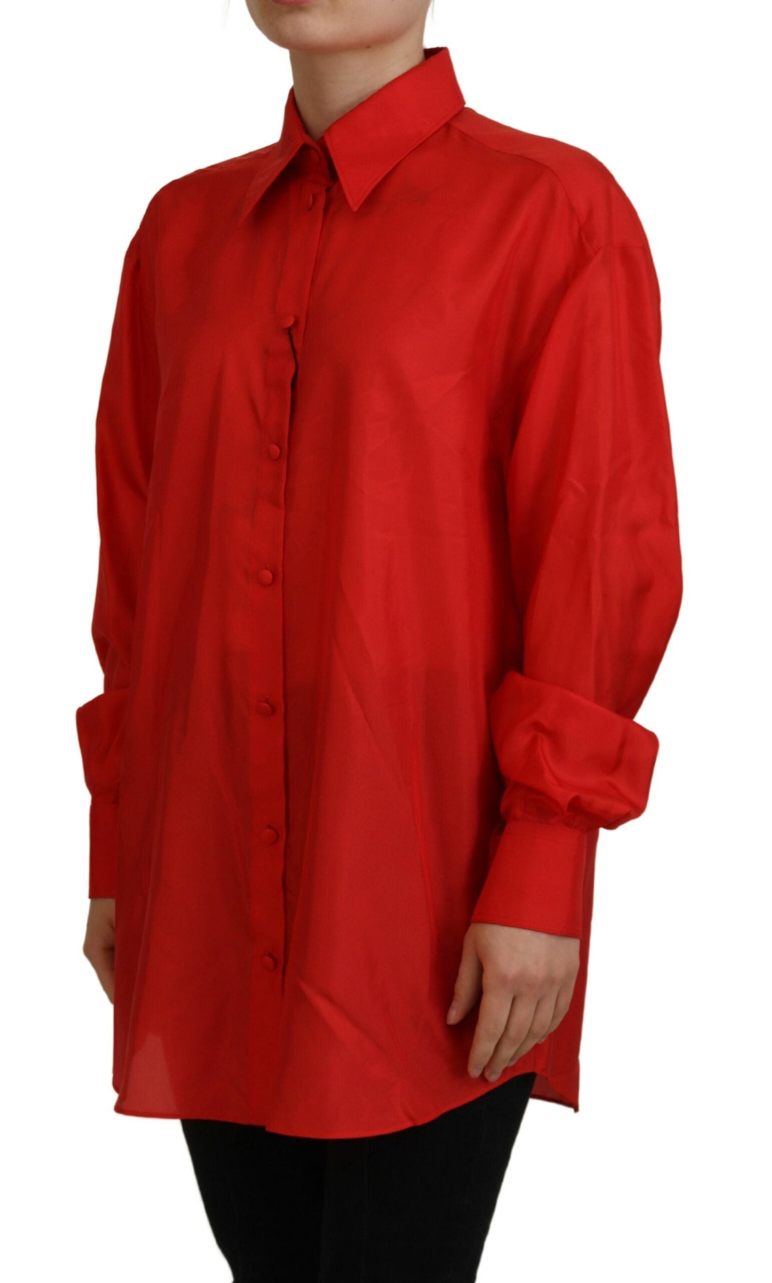 Dolce & Gabbana Red Silk Collared Long Sleeves Dress Shirt Top | Regal Royce