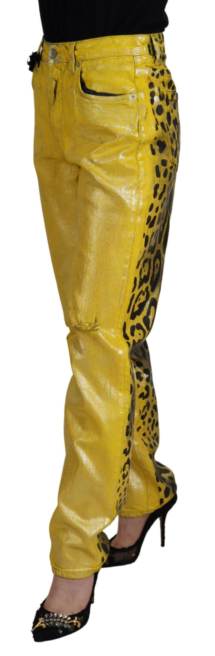 Dolce & Gabbana Yellow Leopard Cotton Straight Denim Jeans | Regal Royce
