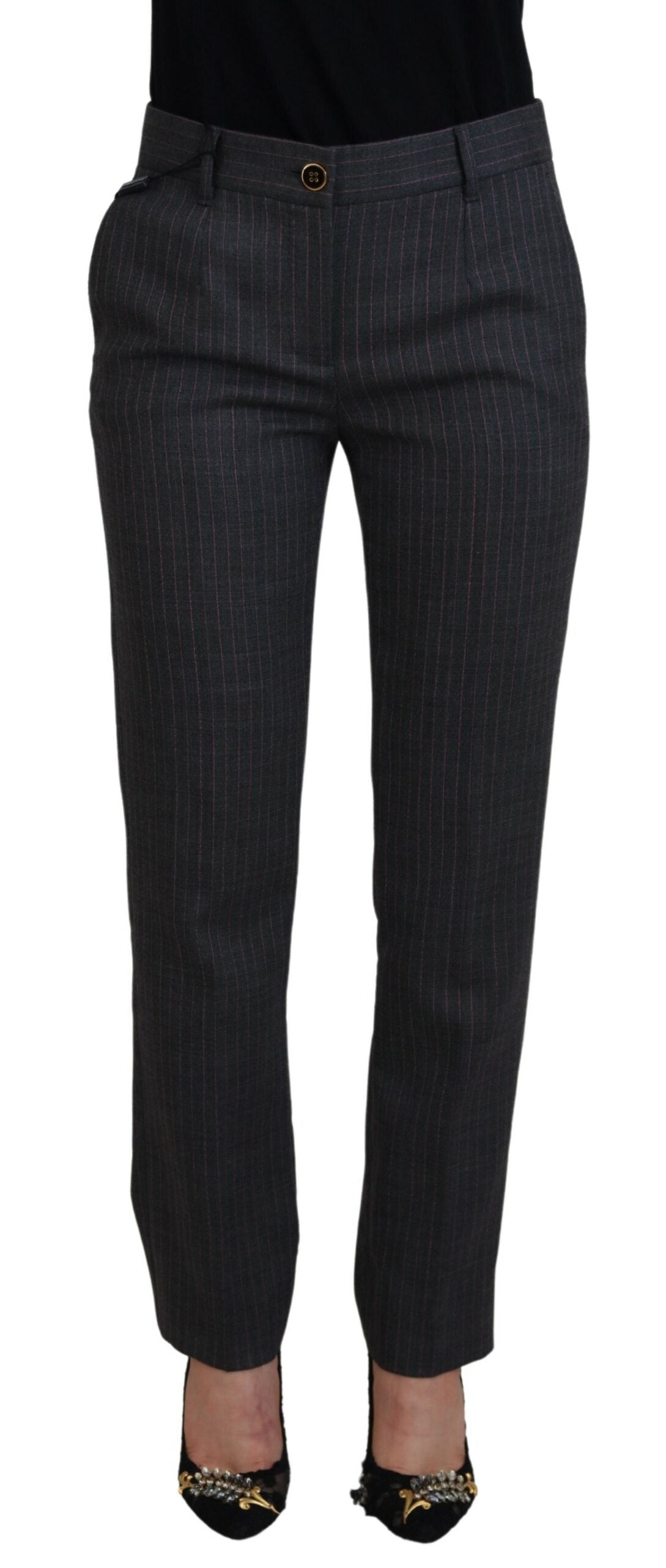 Dolce & Gabbana Gray Stripes Wool Tapered Women Pants | Regal Royce