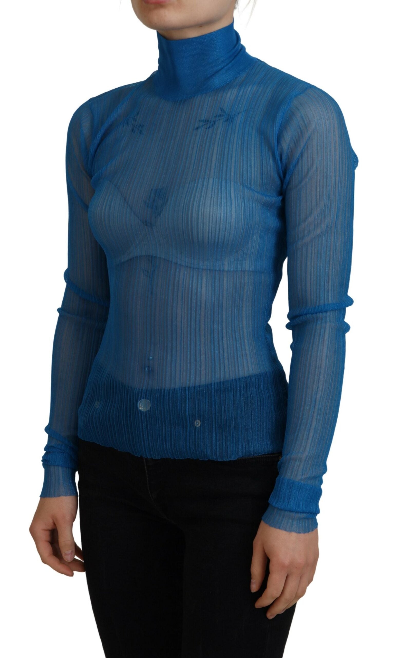 Dolce & Gabbana Blue Mesh Turtleneck Long Sleeve Blouse Top | Regal Royce