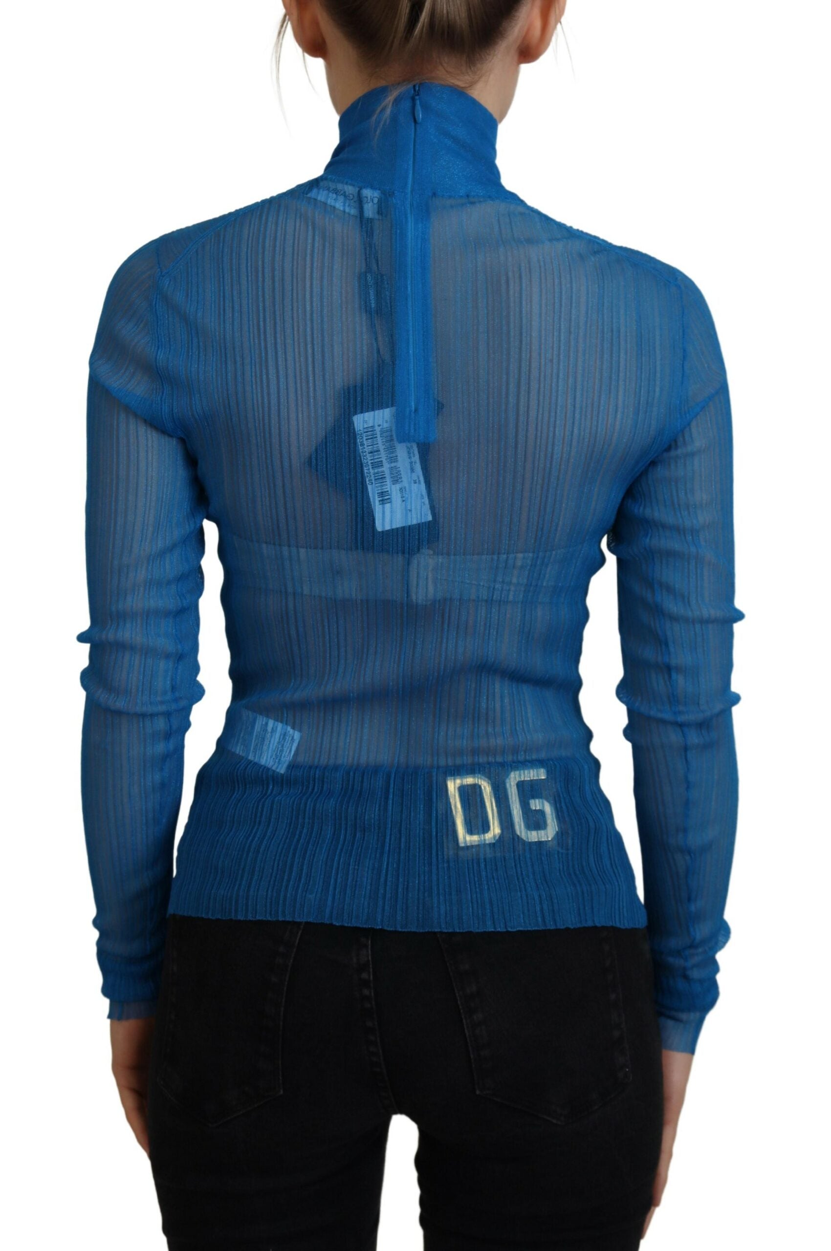Dolce & Gabbana Blue Mesh Turtleneck Long Sleeve Blouse Top | Regal Royce