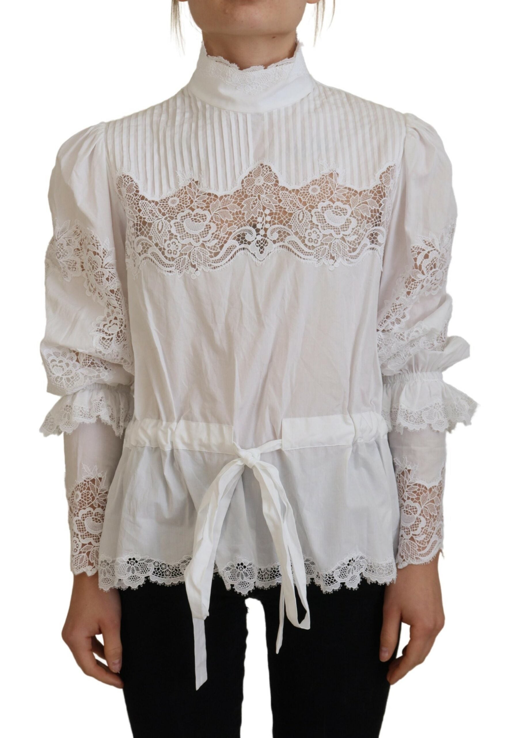 Dolce & Gabbana White Cotton Lace Trim Turtle Neck Blouse Top | Regal Royce
