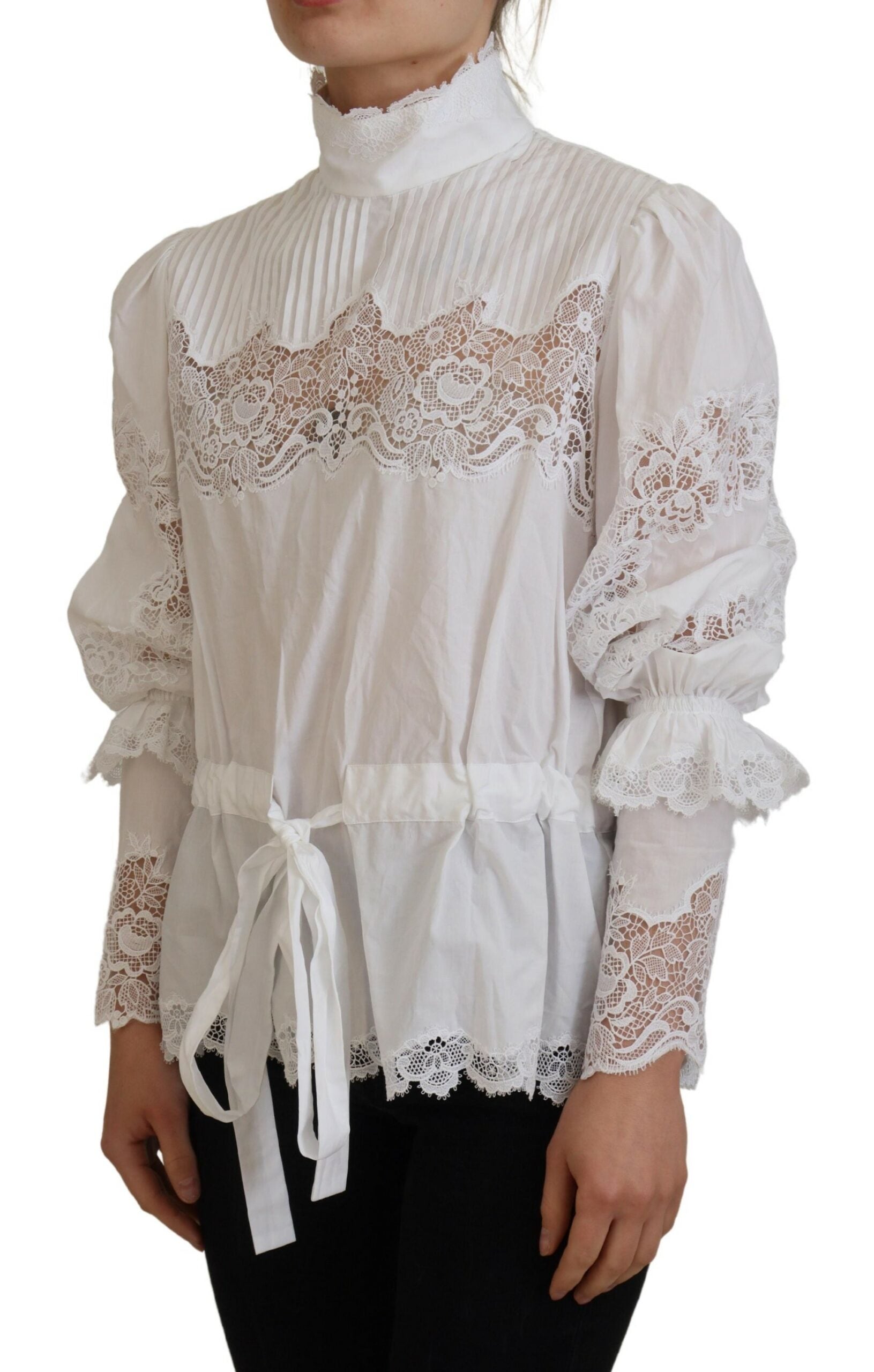 Dolce & Gabbana White Cotton Lace Trim Turtle Neck Blouse Top | Regal Royce