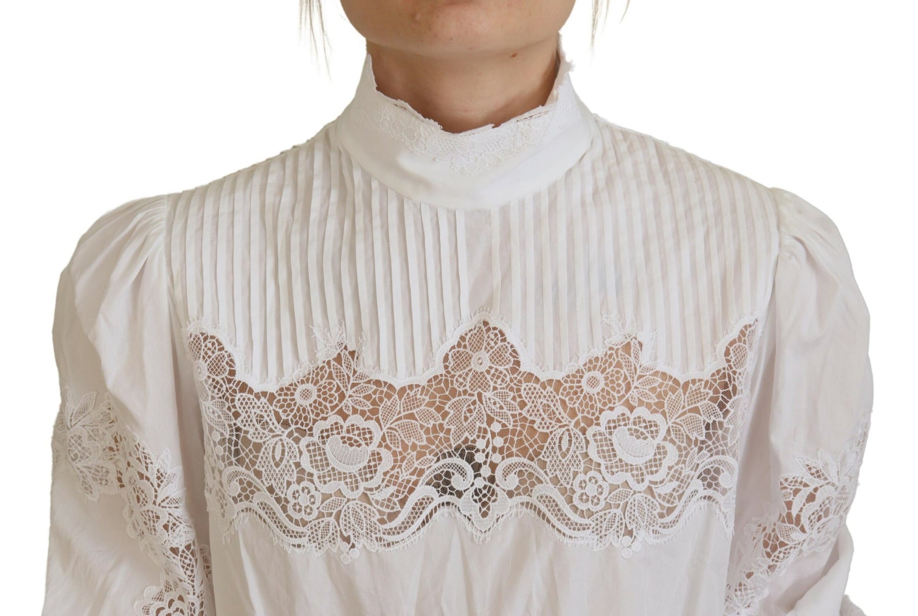 Dolce & Gabbana White Cotton Lace Trim Turtle Neck Blouse Top | Regal Royce