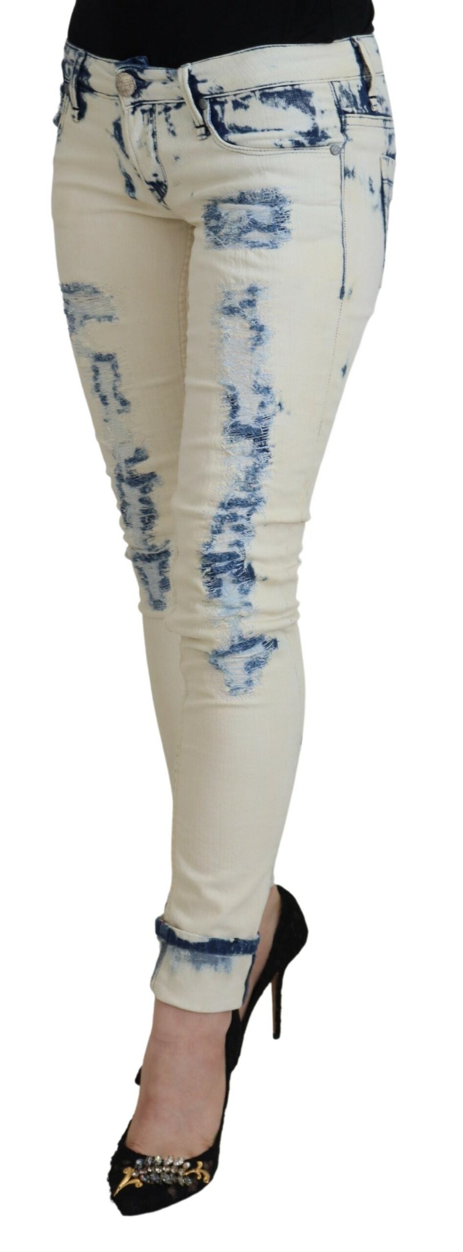 Acht White Blue Cotton Skinny Women Tattered Denim Jeans | Regal Royce