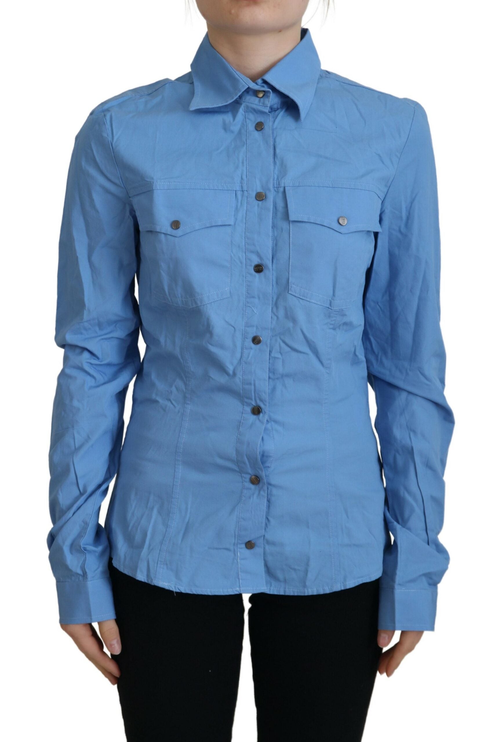Ferre Blue Cotton Long Sleeves Collared Button Down Top | Regal Royce