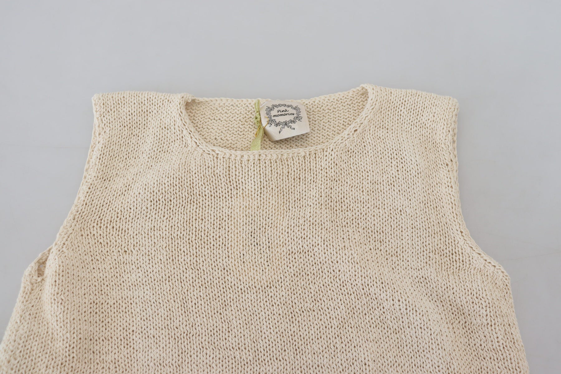 PINK MEMORIES Beige Cotton Blend Sleeveless Round Neck Tank Top | Regal Royce