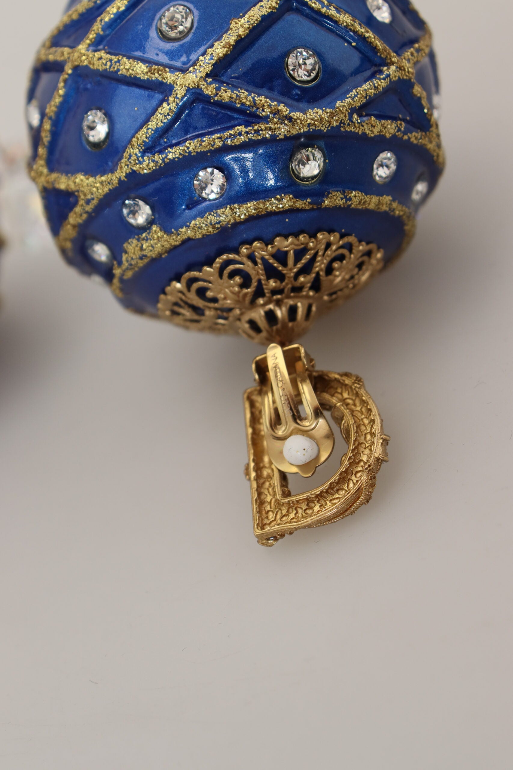 Dolce & Gabbana Gold Brass Blue Dangle Ball Crystal Clip On Earrings | Regal Royce