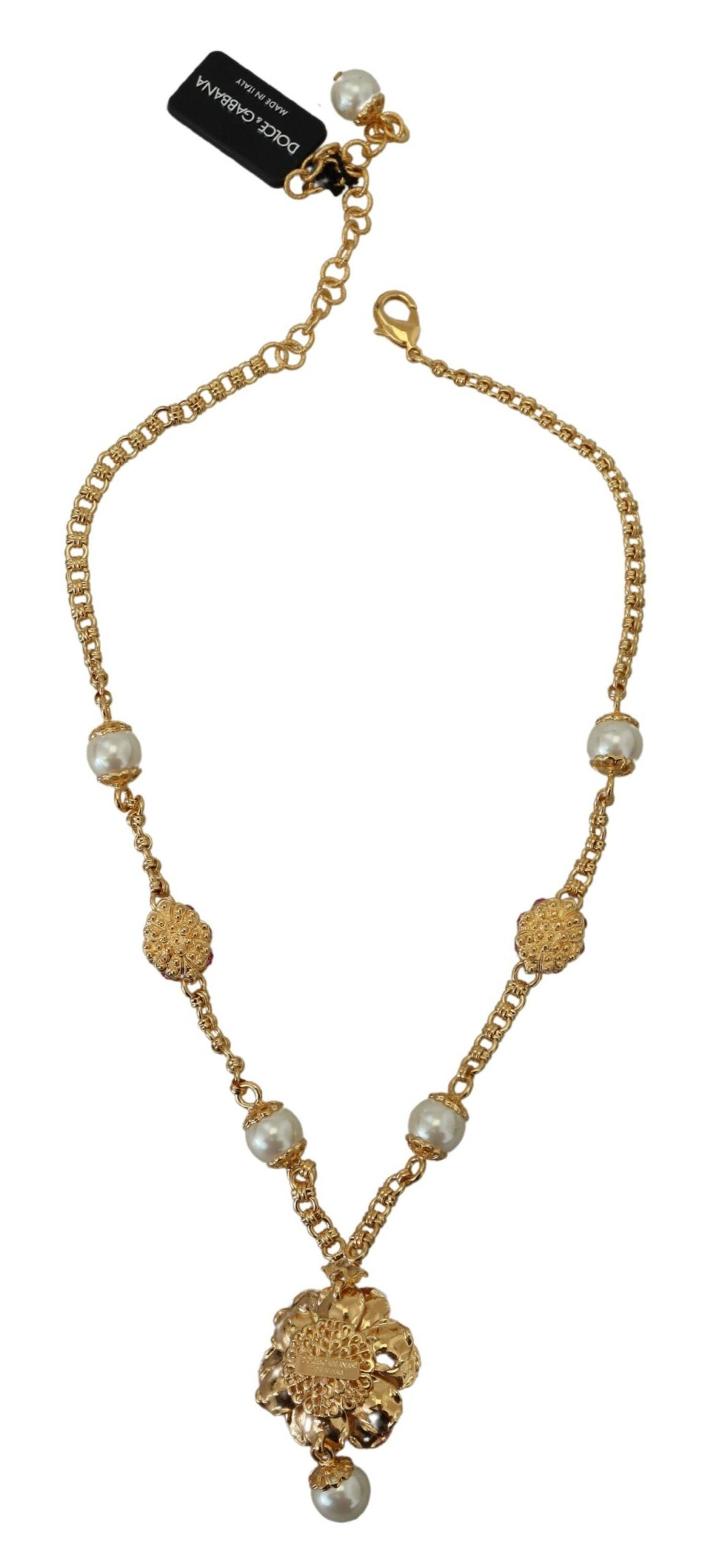 Dolce & Gabbana Gold Tone Floral Crystals Pink Embellished Necklace | Regal Royce