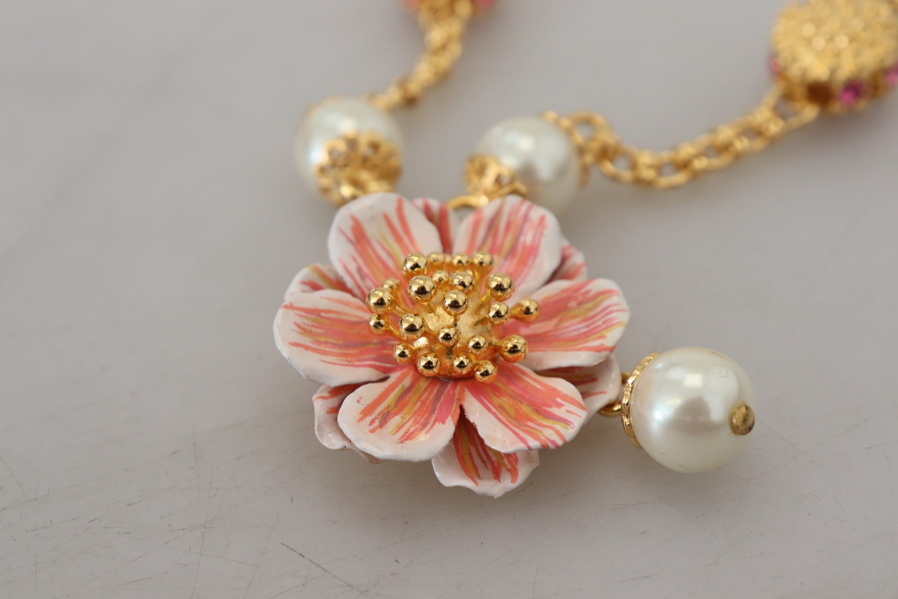 Dolce & Gabbana Gold Tone Floral Crystals Pink Embellished Necklace | Regal Royce
