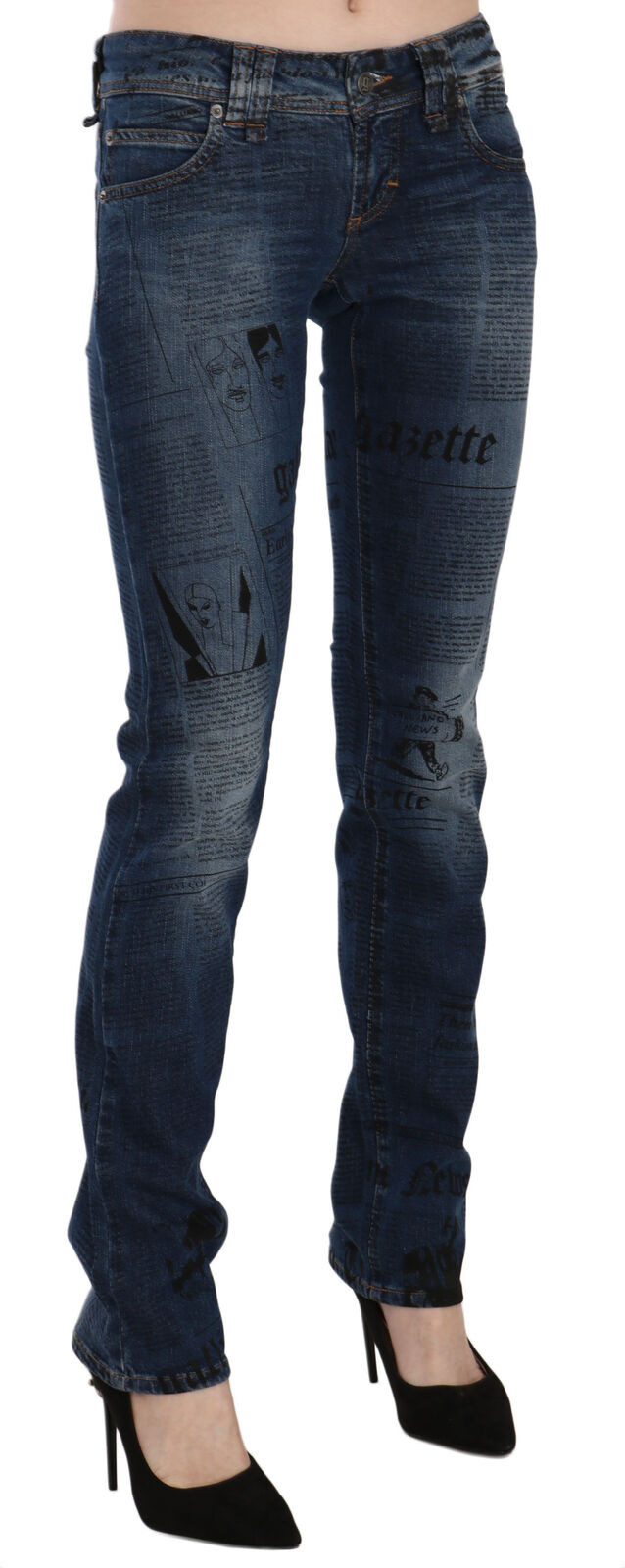 John Galliano Blue Newspaper Print Low Waist Skinny Denim Pants | Regal Royce