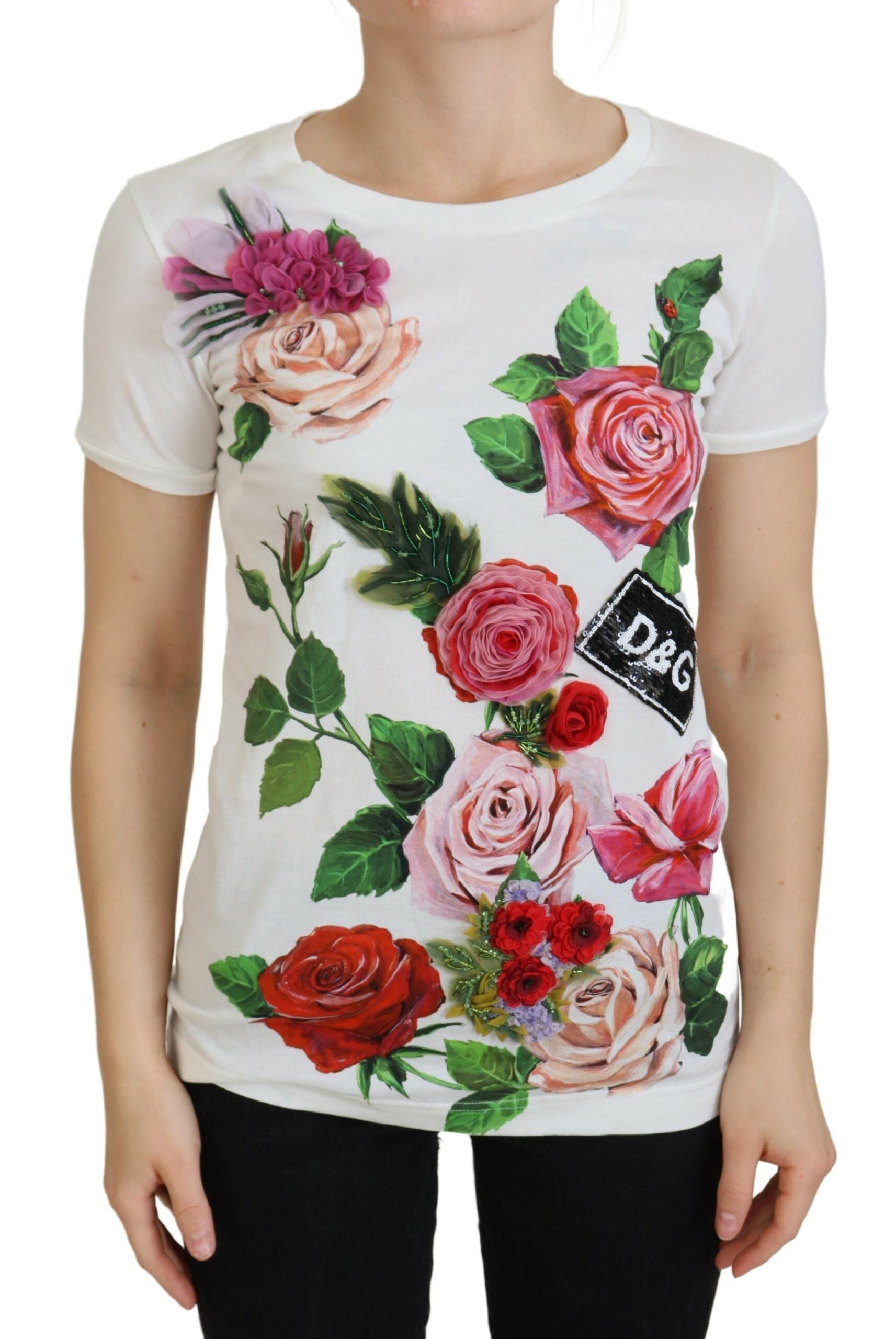 Dolce & Gabbana White Rose DGLogo Printed Short Sleeves Top | Regal Royce