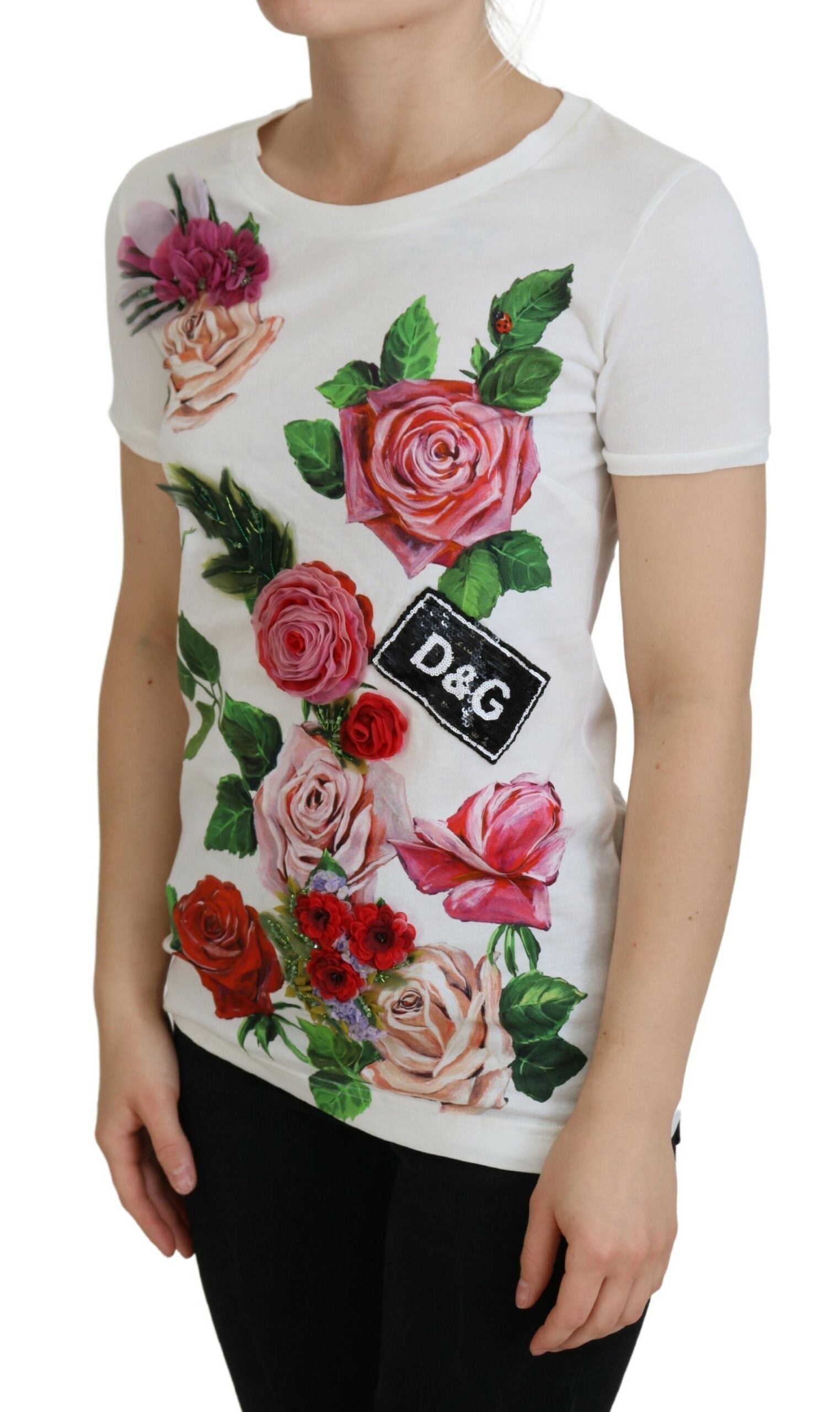 Dolce & Gabbana White Rose DGLogo Printed Short Sleeves Top | Regal Royce