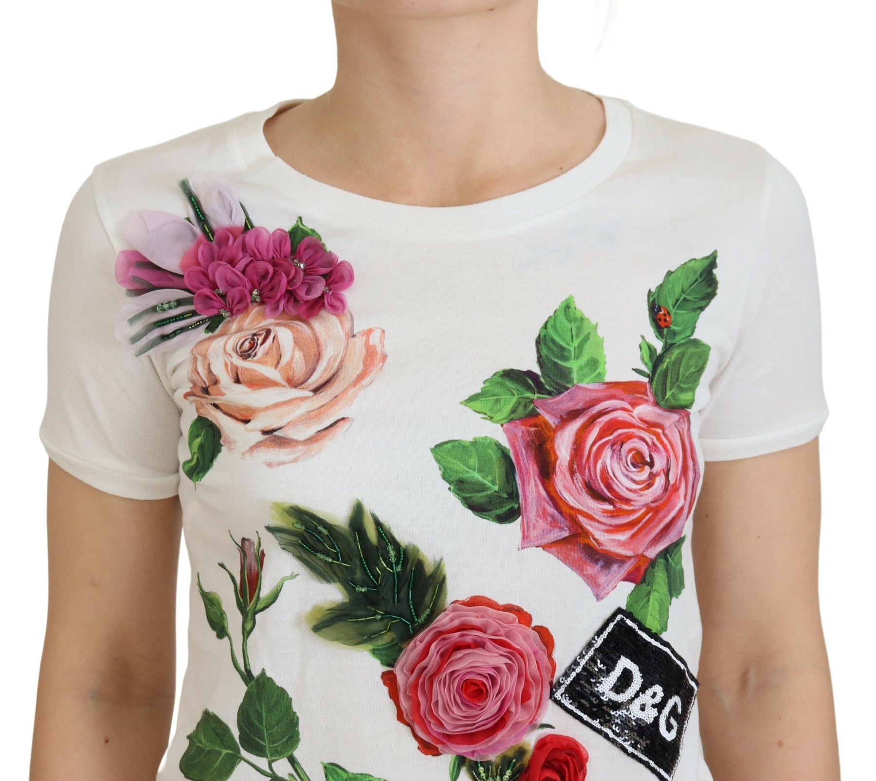 Dolce & Gabbana White Rose DGLogo Printed Short Sleeves Top | Regal Royce