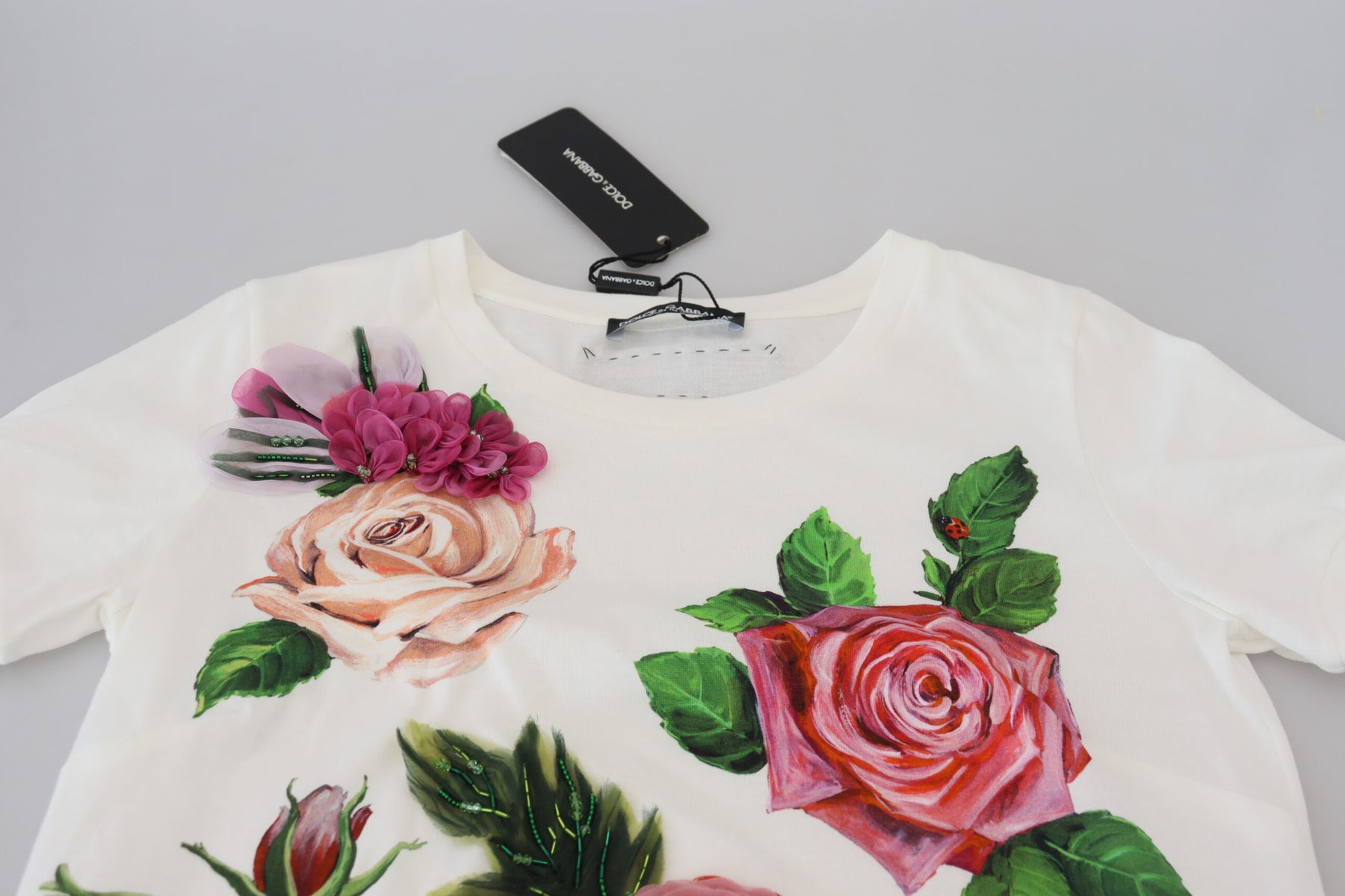 Dolce & Gabbana White Rose DGLogo Printed Short Sleeves Top | Regal Royce
