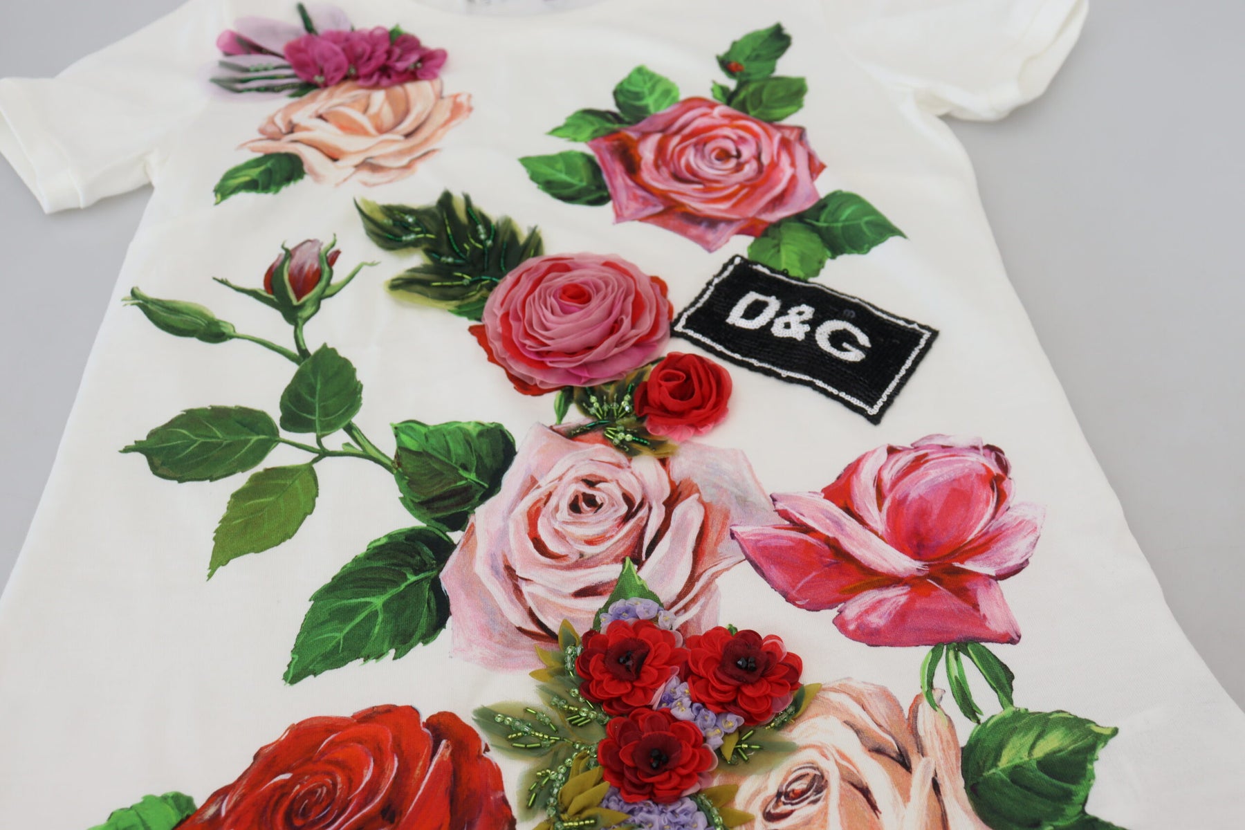 Dolce & Gabbana White Rose DGLogo Printed Short Sleeves Top | Regal Royce