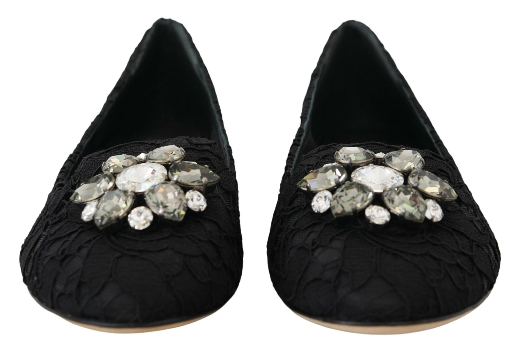Dolce & Gabbana Black Taormina Lace Crystals Flats Shoes | Regal Royce