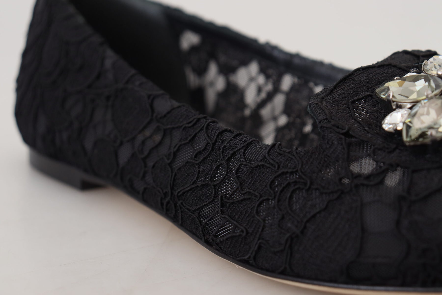 Dolce & Gabbana Black Taormina Lace Crystals Flats Shoes | Regal Royce
