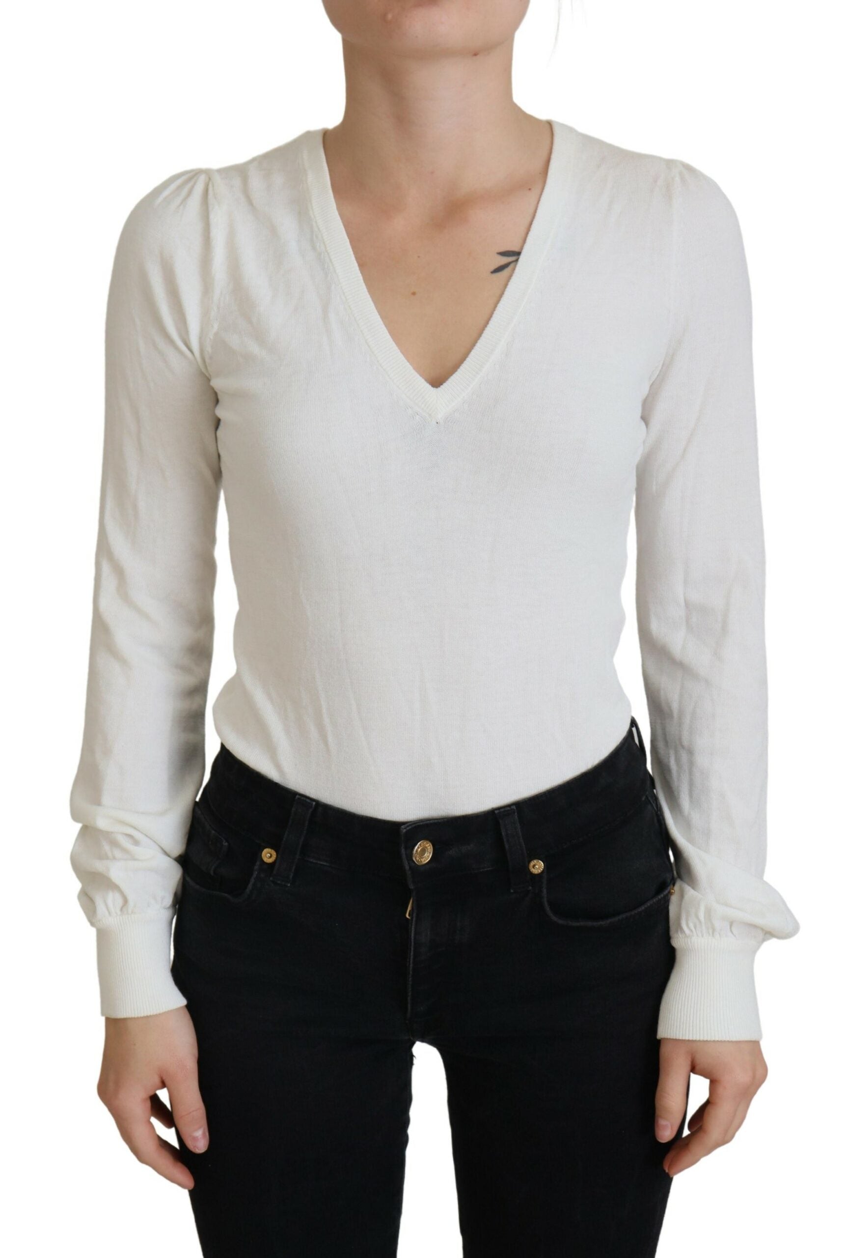 Patrizia Pepe Ivory V-Neck Long Sleeves Women Blouse Top | Regal Royce