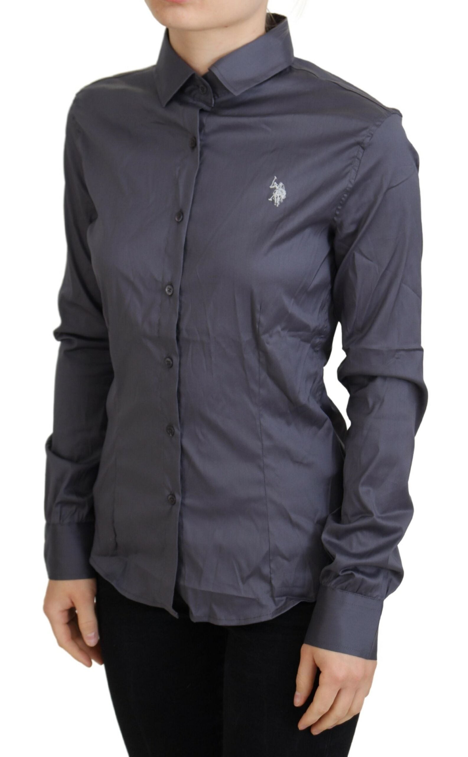 U.S. POLO ASSN. Gray Printed Long Sleeves Collared Top | Regal Royce