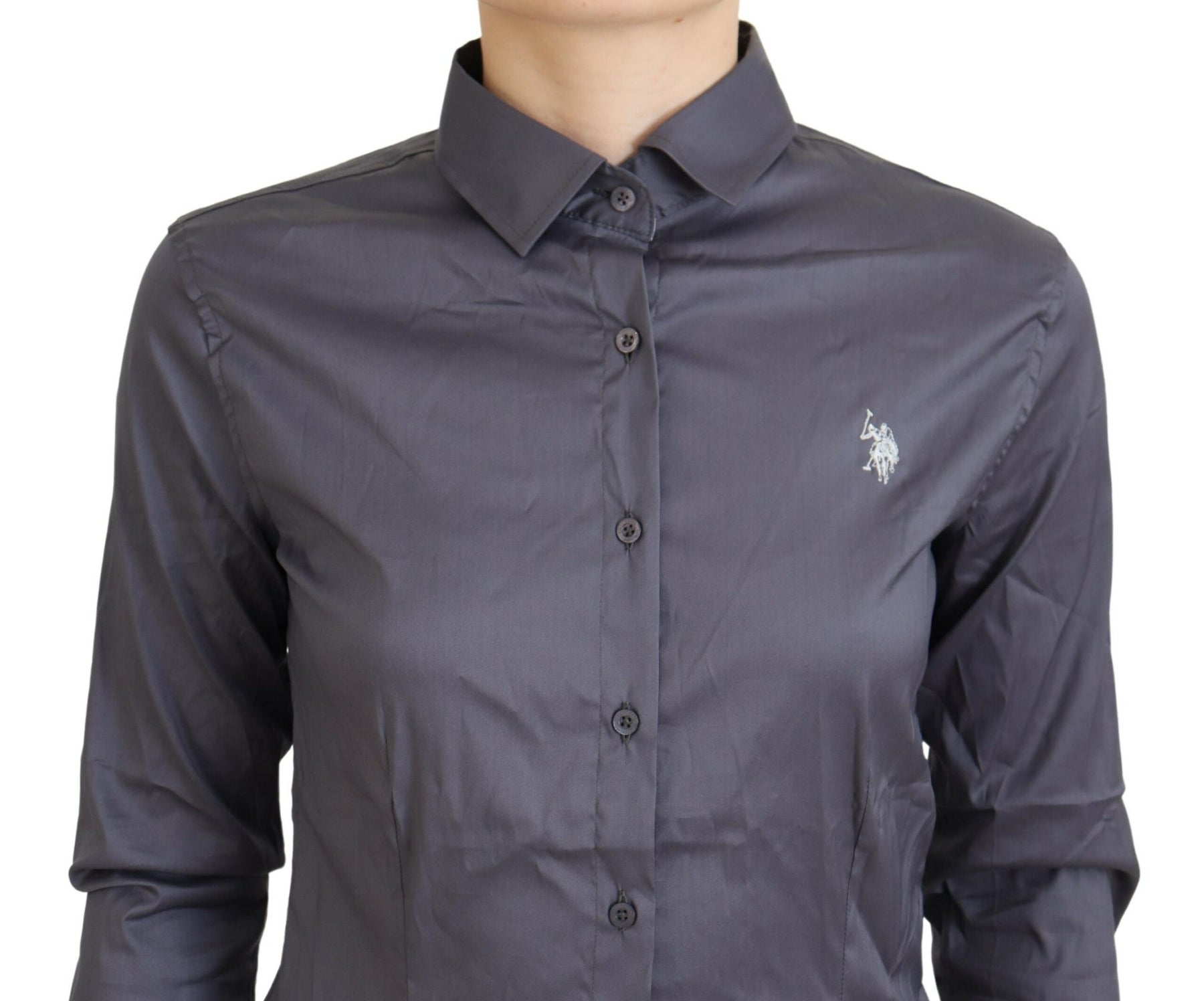 U.S. POLO ASSN. Gray Printed Long Sleeves Collared Top | Regal Royce