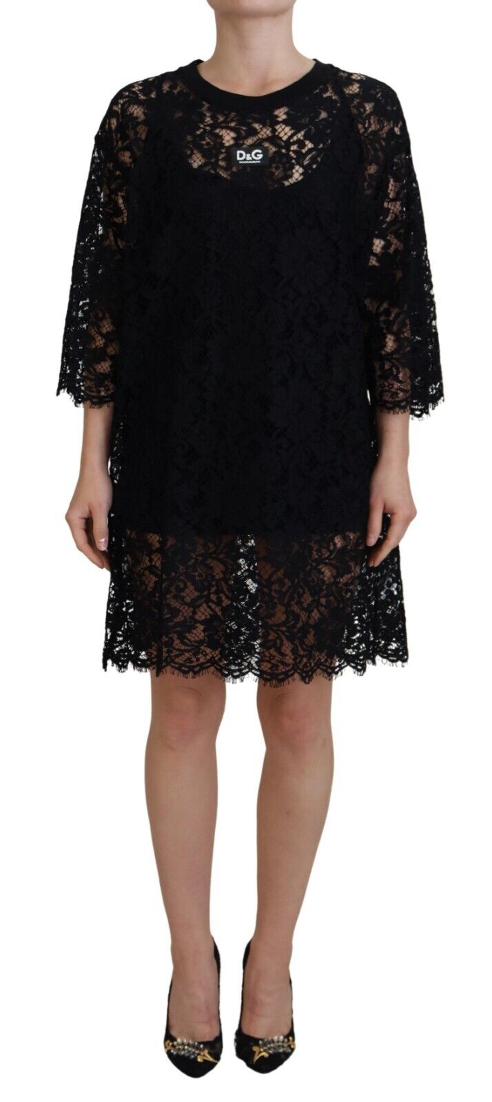 Dolce & Gabbana Black Floral Lace Cotton Shift Mini Dress | Regal Royce