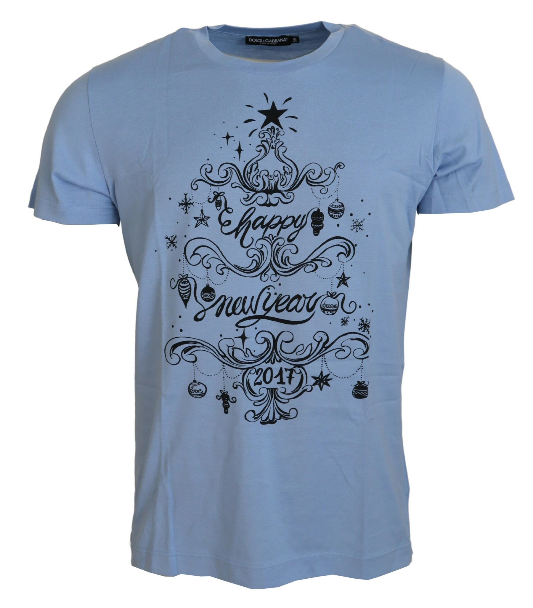 Dolce & Gabbana Light Blue Happy New Year 2017 Cotton T-shirt | Regal Royce