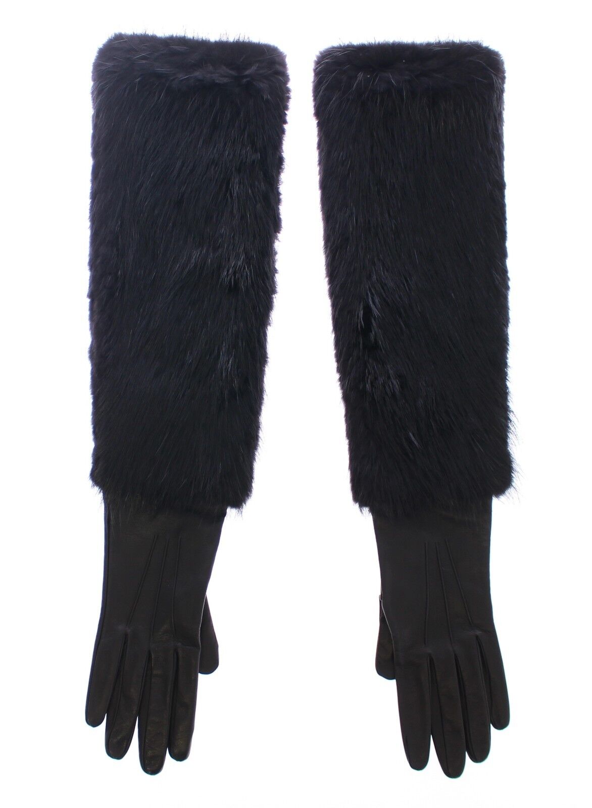 Dolce & Gabbana Black Beaver Fur Lambskin Leather Elbow Gloves | Regal Royce
