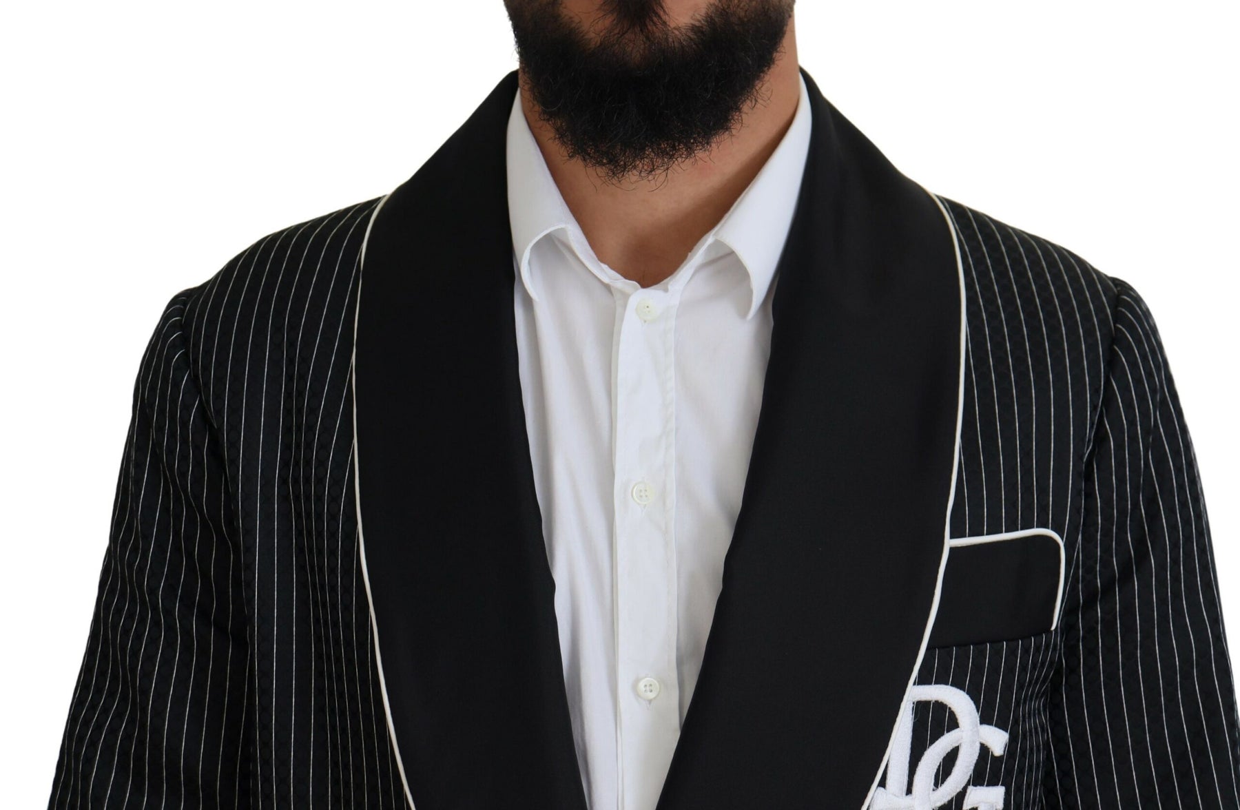 Dolce & Gabbana Black Robe Striped DG Patch Jacket Men Blazer | Regal Royce