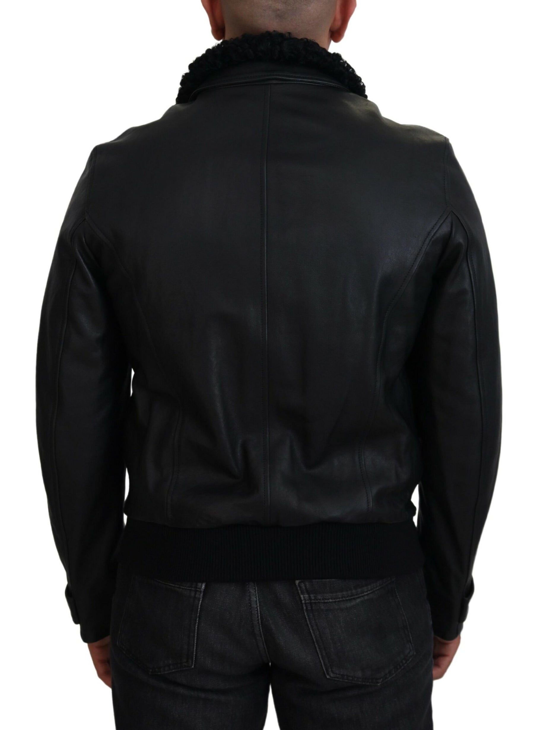 Dolce & Gabbana Black Lamb Leather Collared Men Coat Jacket | Regal Royce