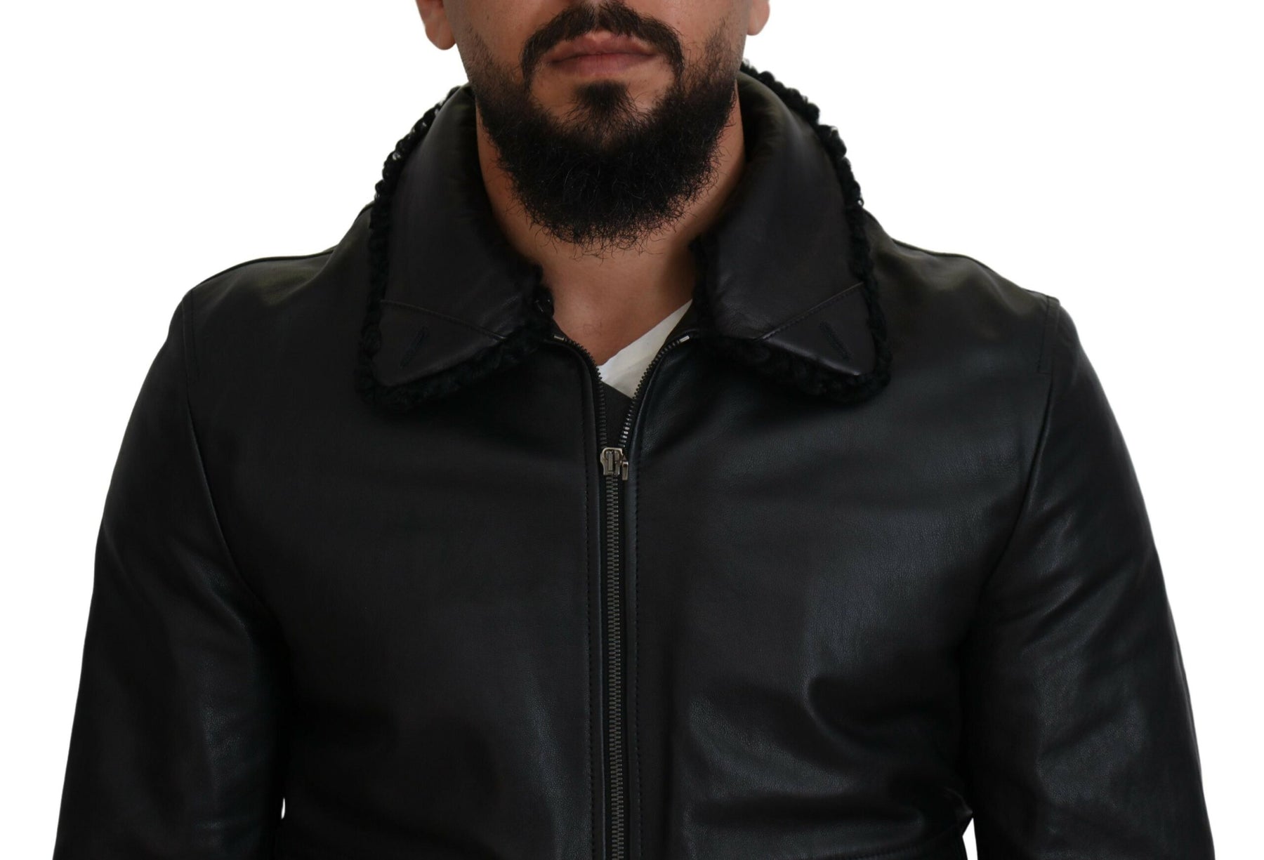 Dolce & Gabbana Black Lamb Leather Collared Men Coat Jacket | Regal Royce