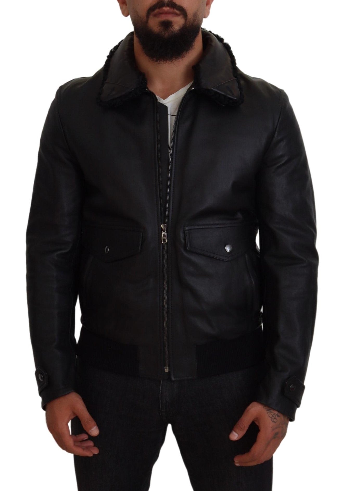 Dolce & Gabbana Black Lamb Leather Collared Men Coat Jacket