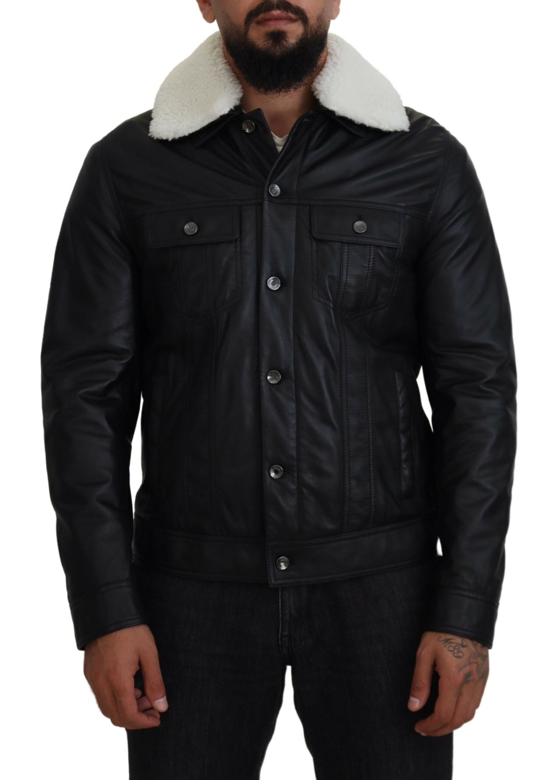 Dolce & Gabbana Black Lamb Leather Collared Men Coat Jacket | Regal Royce