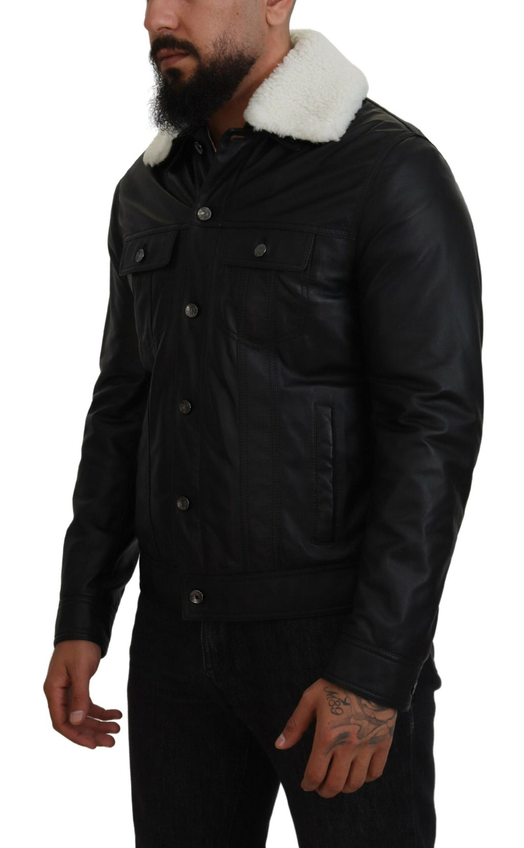 Dolce & Gabbana Black Lamb Leather Collared Men Coat Jacket
