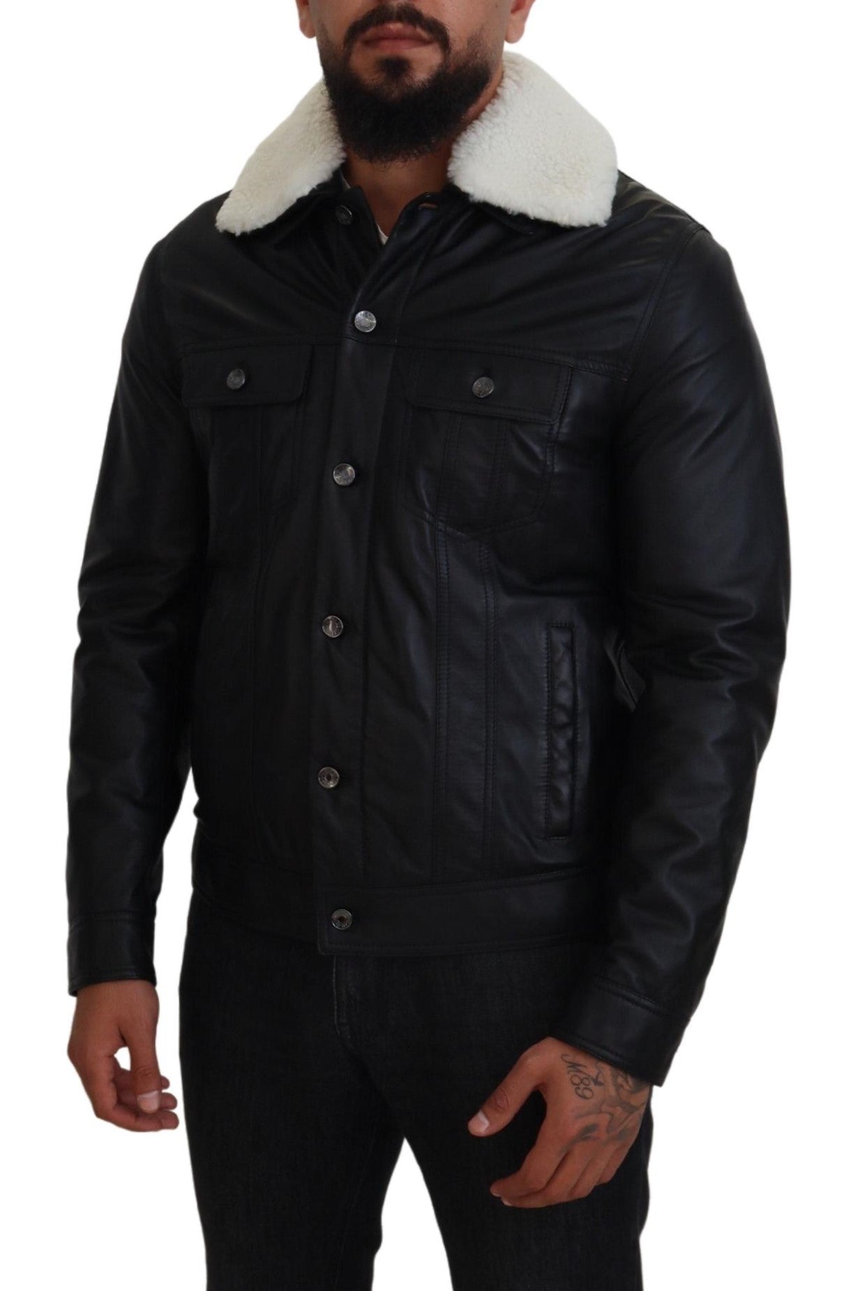 Dolce & Gabbana Black Lamb Leather Collared Men Coat Jacket | Regal Royce