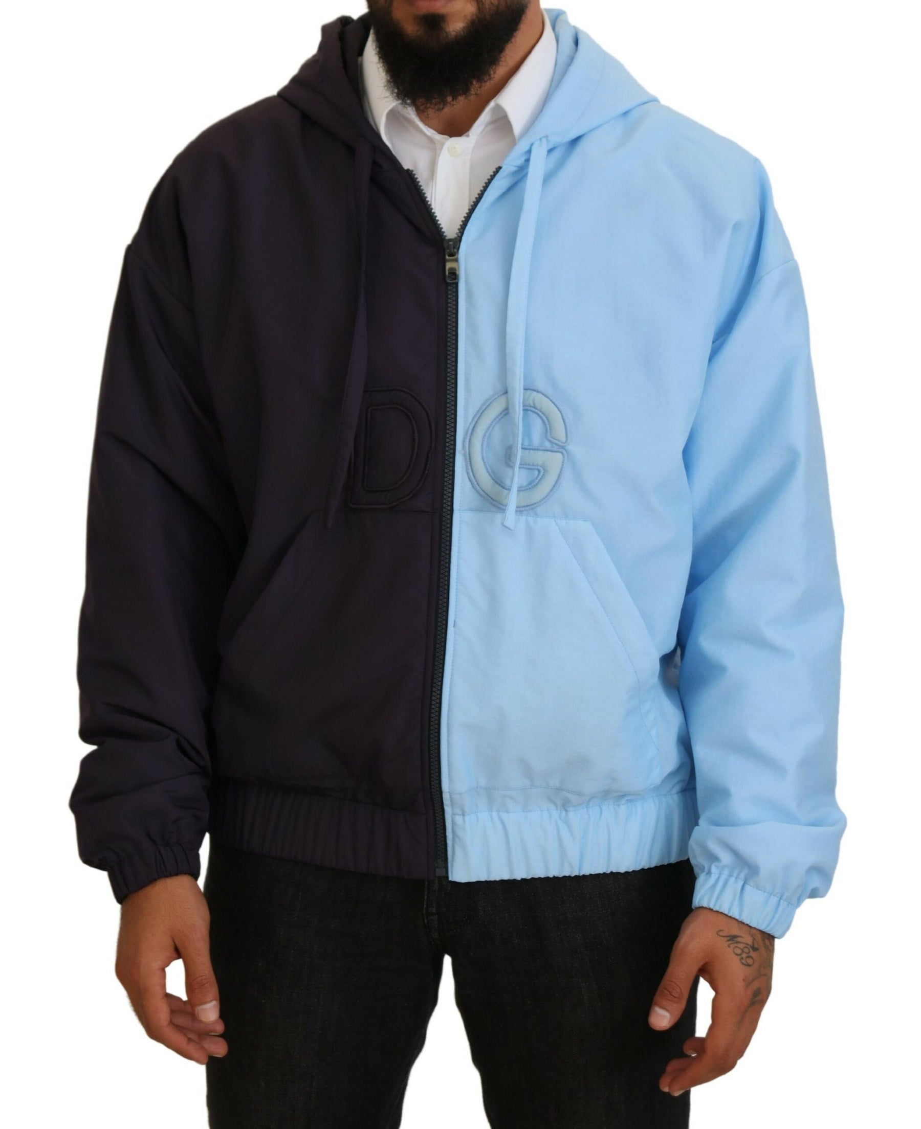 Dolce & Gabbana Black Blue DG Hooded Full Zip Men Jacket | Regal Royce