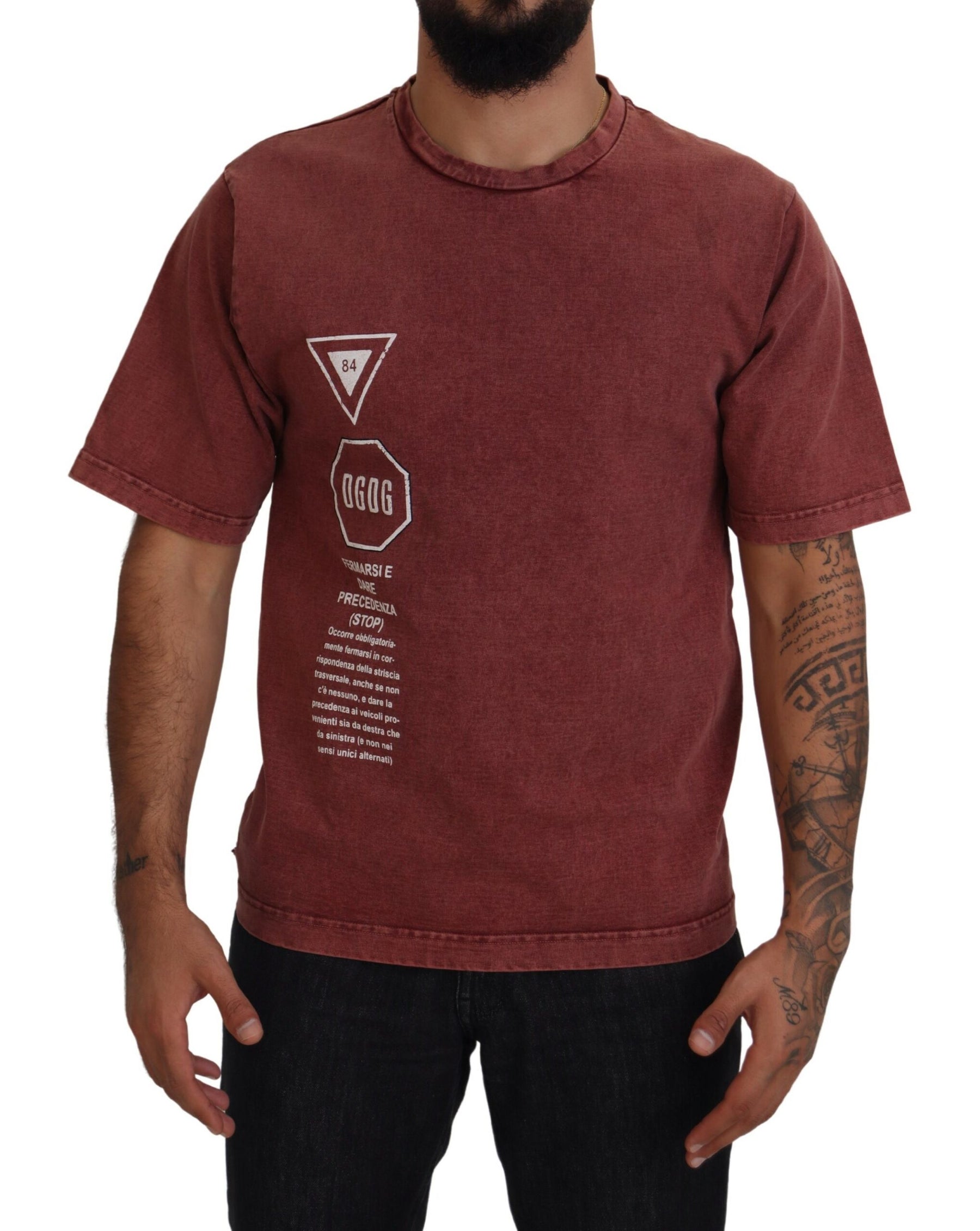 Dolce & Gabbana Maroon Print Round Neck Short Sleeves T-shirt | Regal Royce