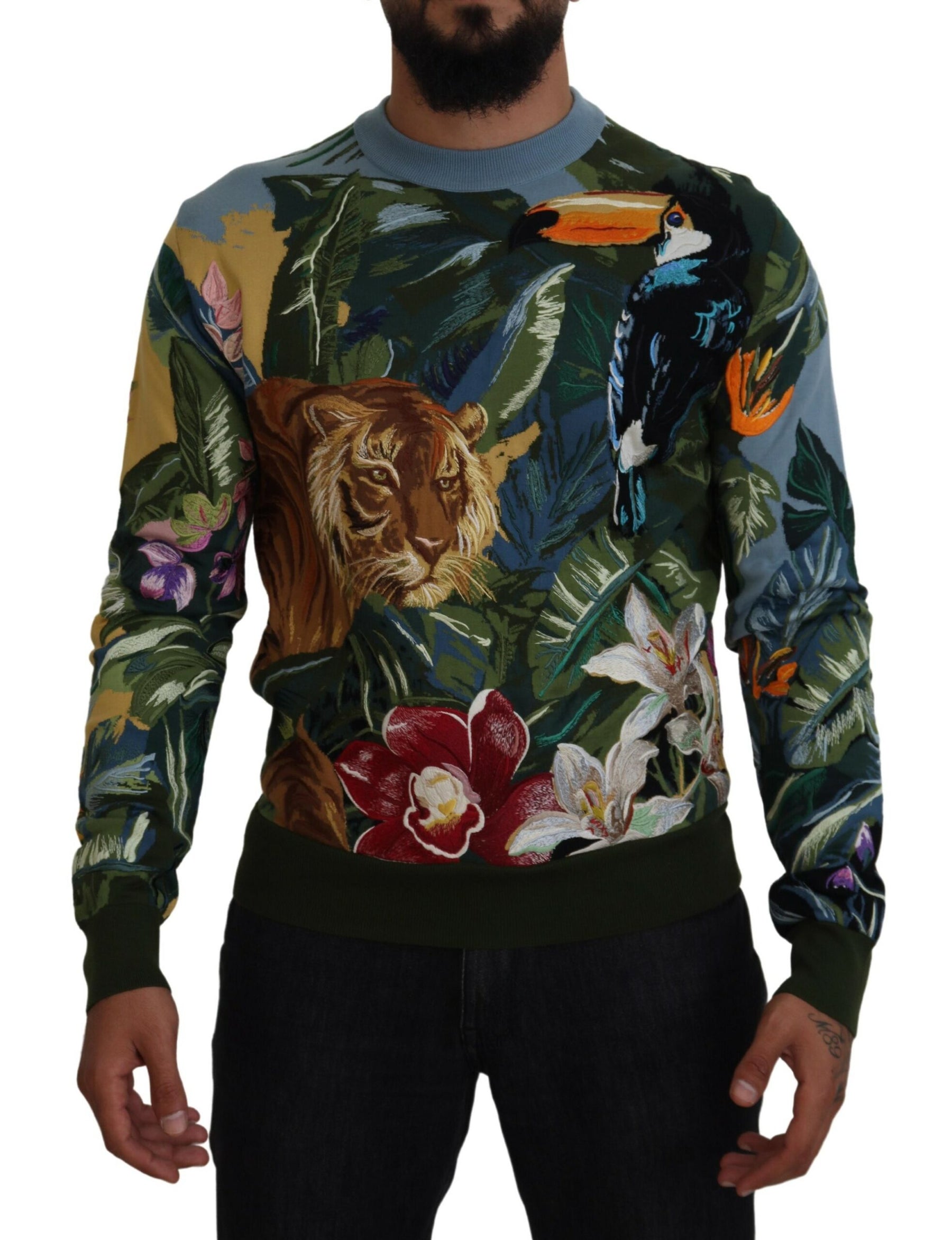 Dolce & Gabbana Multicolor Jungle Wool Pullover Logo Sweater | Regal Royce