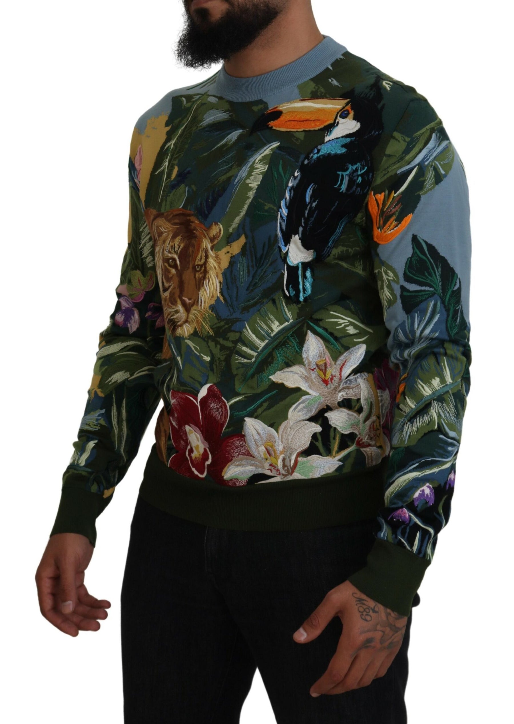 Dolce & Gabbana Multicolor Jungle Wool Pullover Logo Sweater | Regal Royce