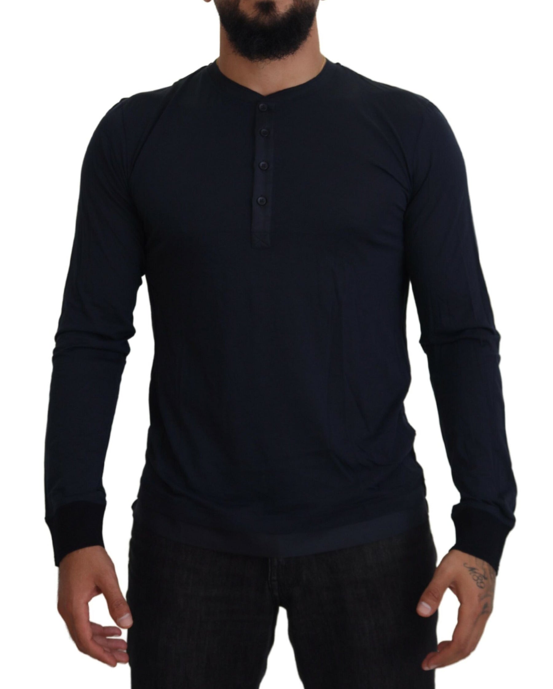 Dolce & Gabbana Blue Cotton Button Crewneck Pullover Sweater | Regal Royce