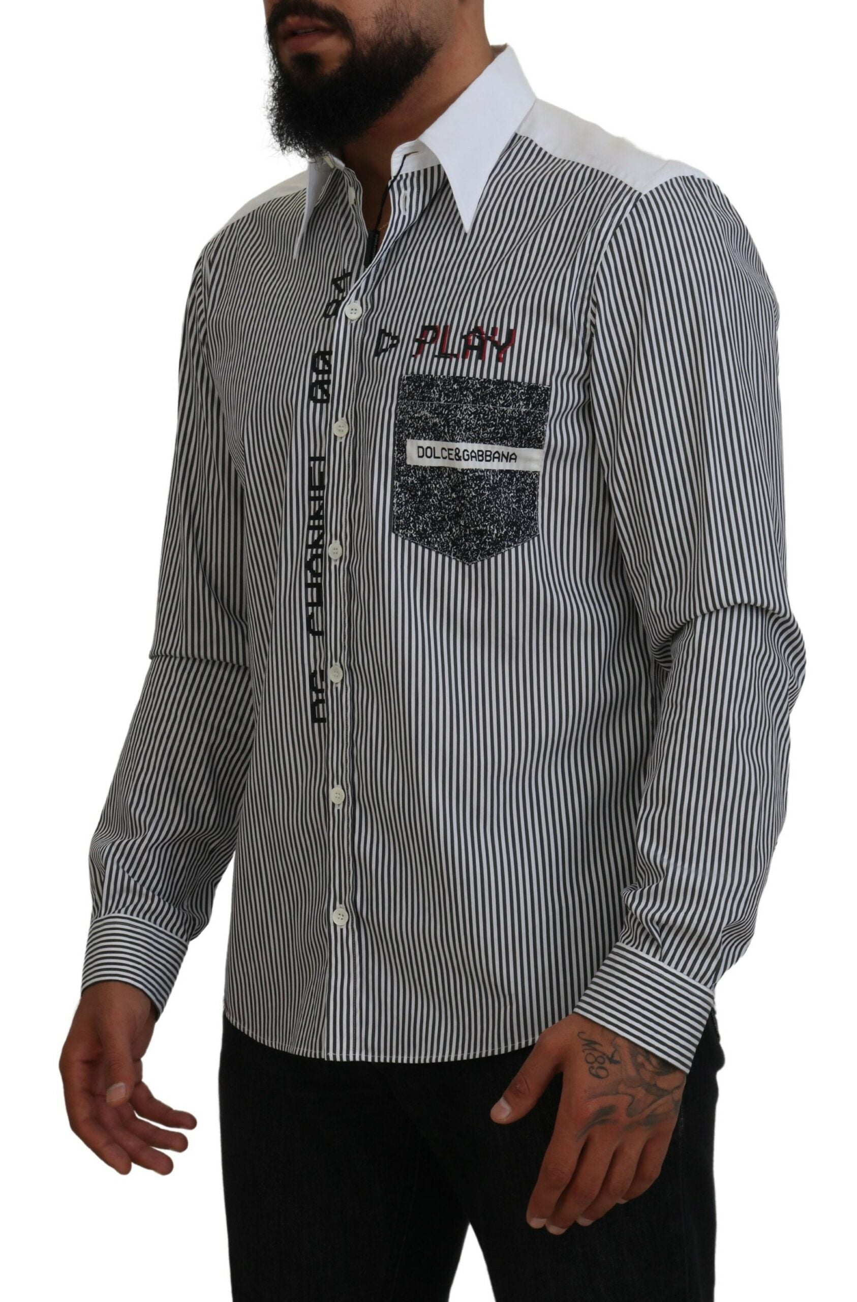 Dolce & Gabbana Black White Striped Printed Casual Cotton Shirt | Regal Royce