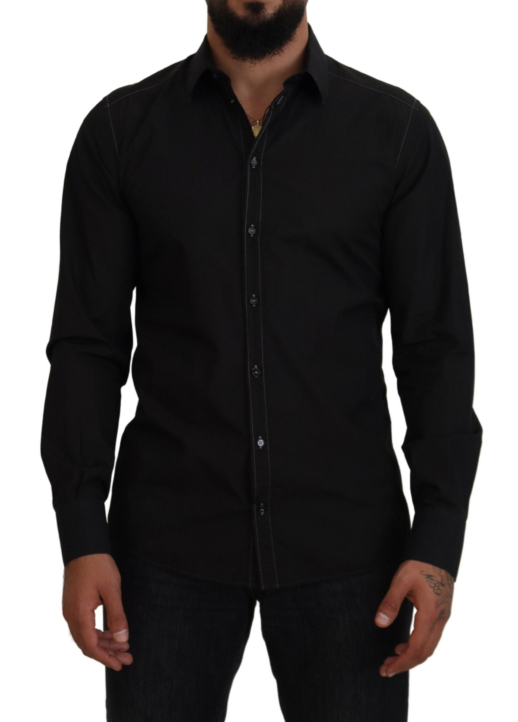 Dolce & Gabbana Black Cotton Collared Long Sleeve GOLD Shirt | Regal Royce