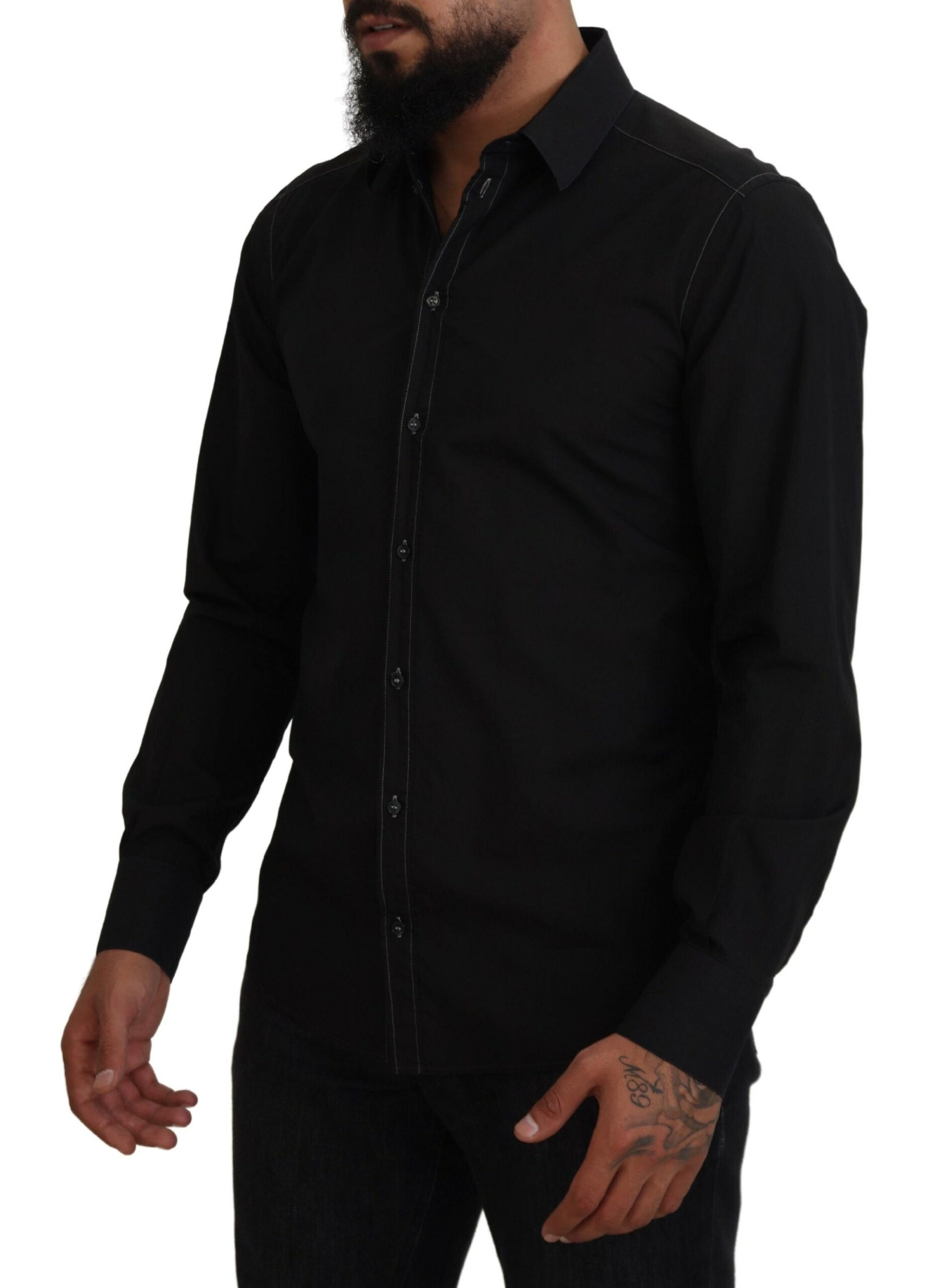 Dolce & Gabbana Black Cotton Collared Long Sleeve GOLD Shirt | Regal Royce