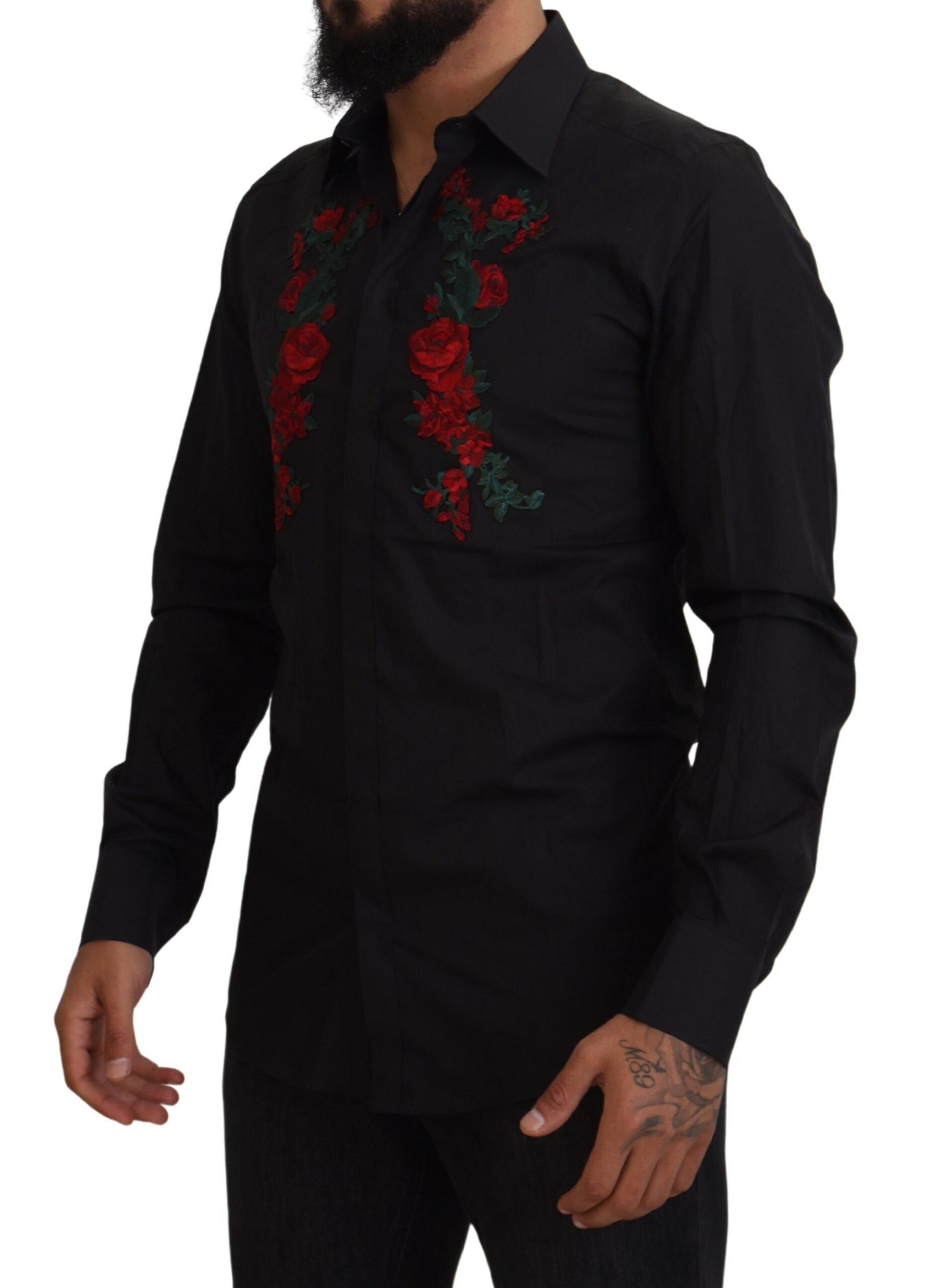 Dolce & Gabbana Black Floral Embroidery Men Long Sleeves GOLD Shirt | Regal Royce
