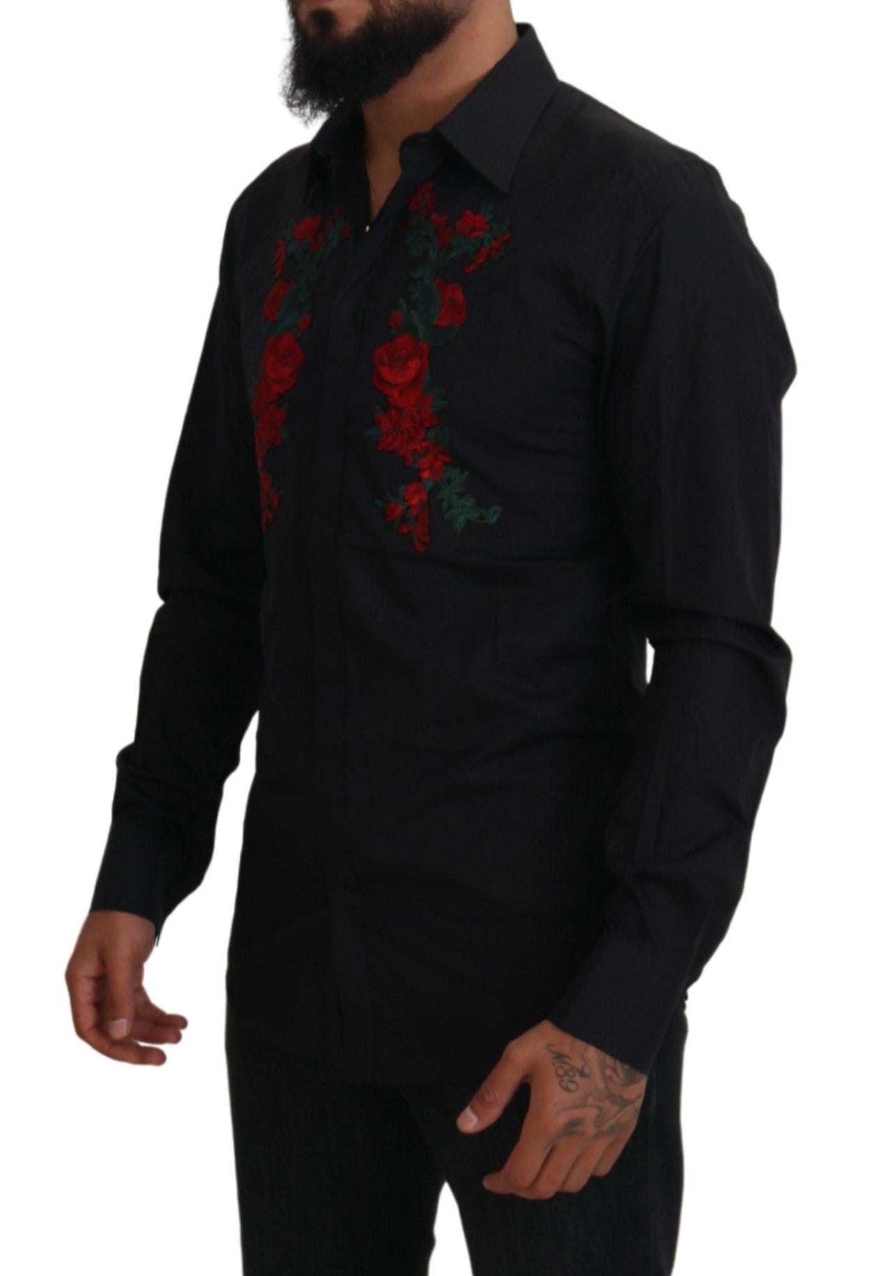 Dolce & Gabbana Black Floral Embroidery Men Long Sleeves GOLD Shirt | Regal Royce