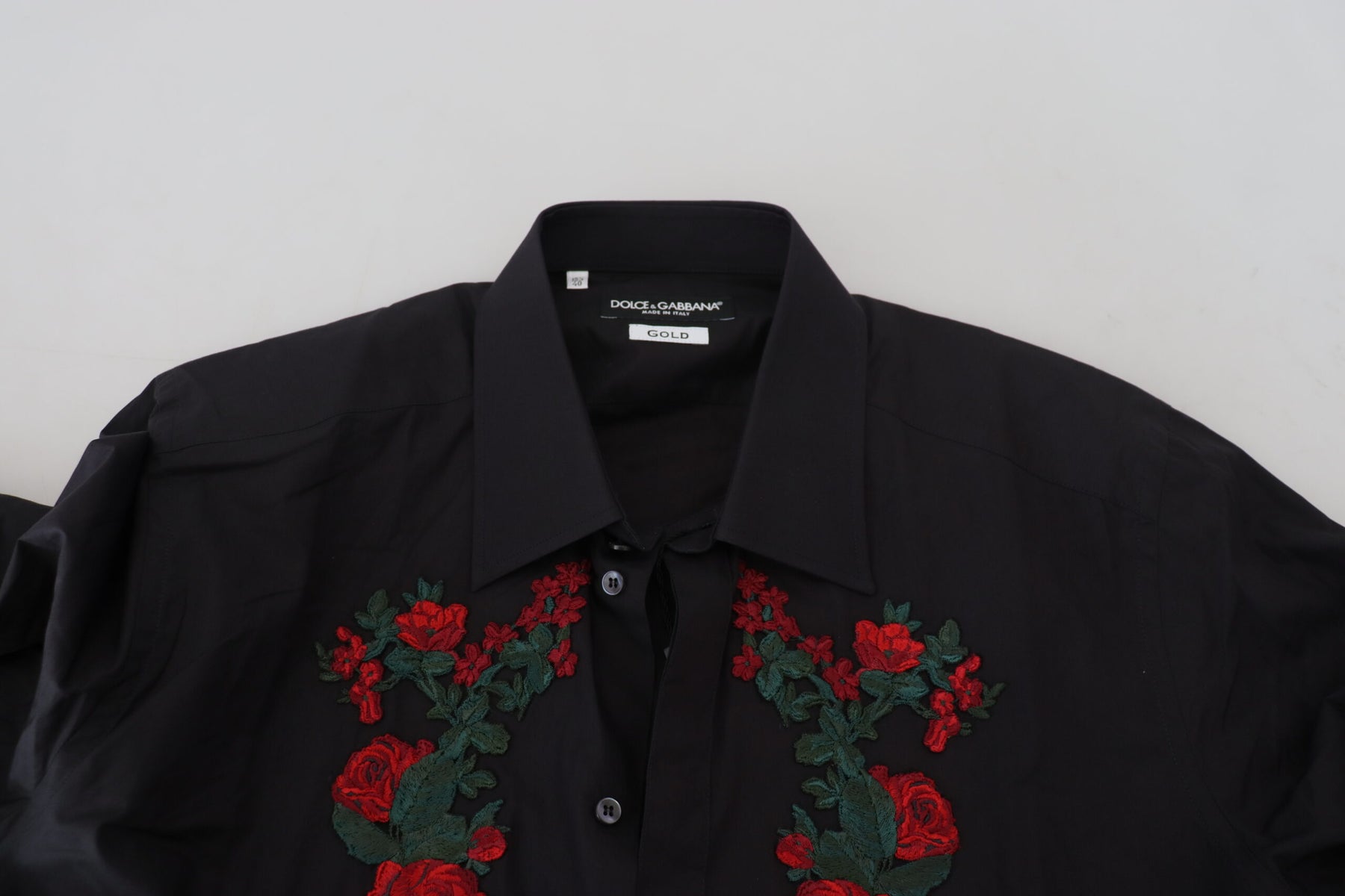 Dolce & Gabbana Black Floral Embroidery Men Long Sleeves GOLD Shirt | Regal Royce